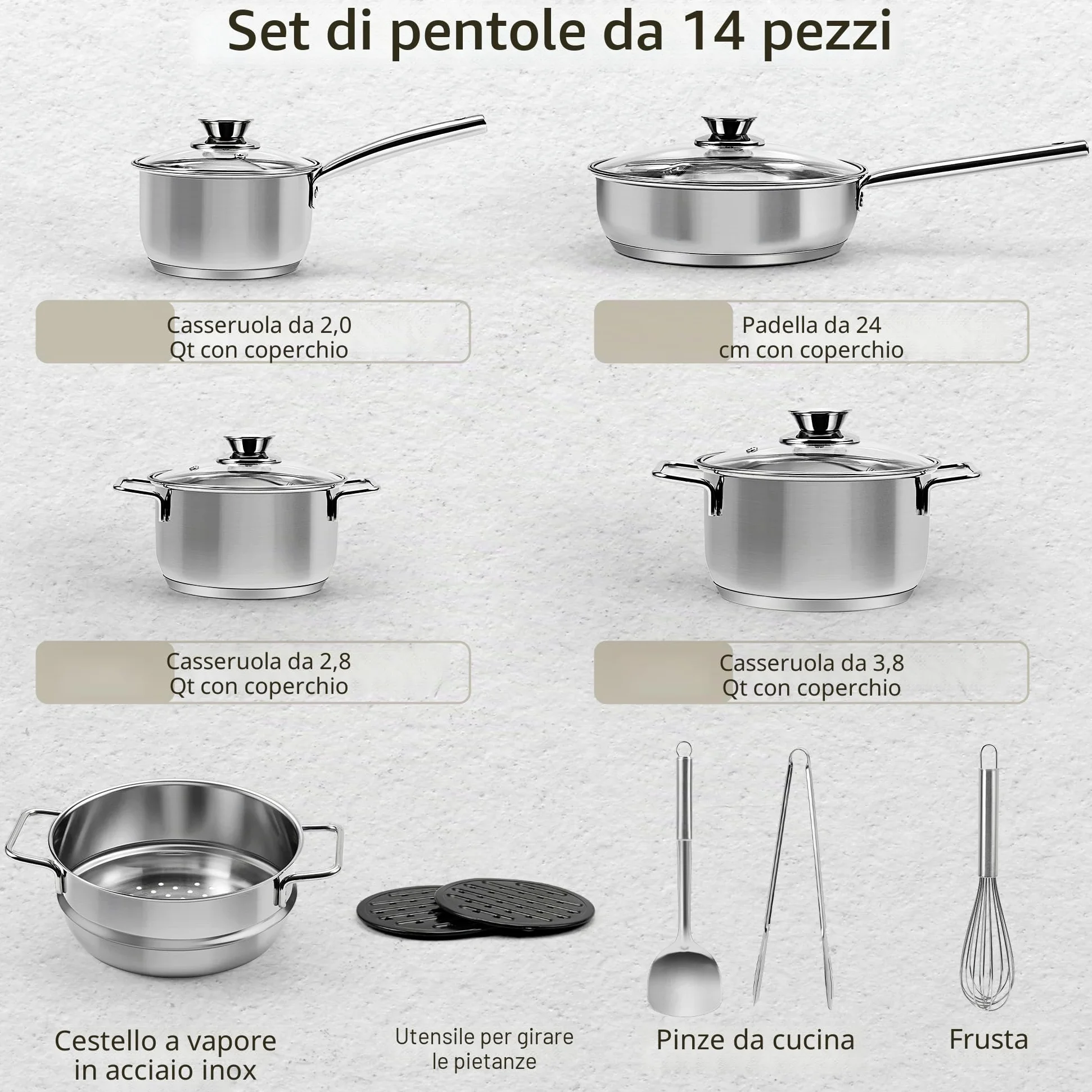 14 Pezzi Set di Pentole e Padelle in Acciaio Inossidabile, set di Pentole per Induzione, Pentole con Vapore e Coperchi in Vetro e Set di Utensili, Adatto a tutti i Fornelli