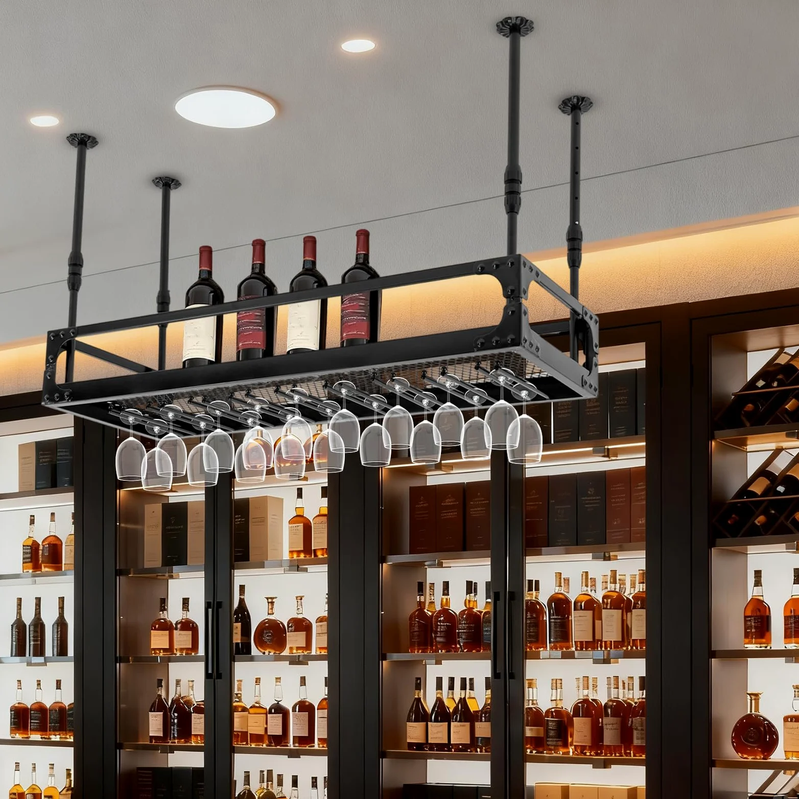 Scaffale da soffitto per bicchieri da vino, stile industriale, 100 x 35 cm, altezza regolabile 35 – 55 cm, portata 50 kg, con 9 supporti in vetro e barra di protezione, metallo nero per bar