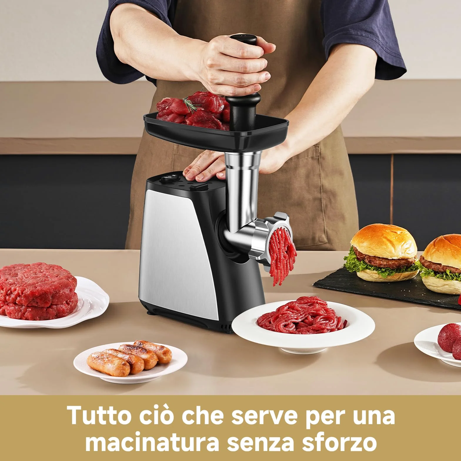 Tritacarne AAOBOSI, Tritacarne Elettrico 3-IN-1[2800W Max]con 2 Lame, 3 Piatti, Insaccatrice per Salsicce, Kit Kubbe, per Uso Domestico in Cucina, Acciaio Inossidabile