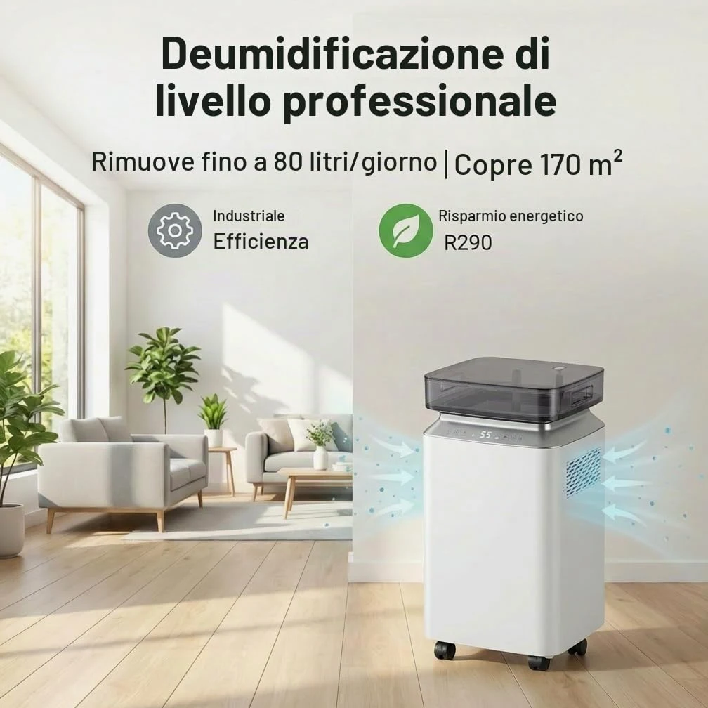Deumidificatore Elettrico Casa Antimuffa: 80L/Giorno ad Alta Capacità con Pompa Controllo Intelligente dell’Umidità Sicurezza Bambini Ideale per Casa Ufficio Cantina Grandi Ambienti