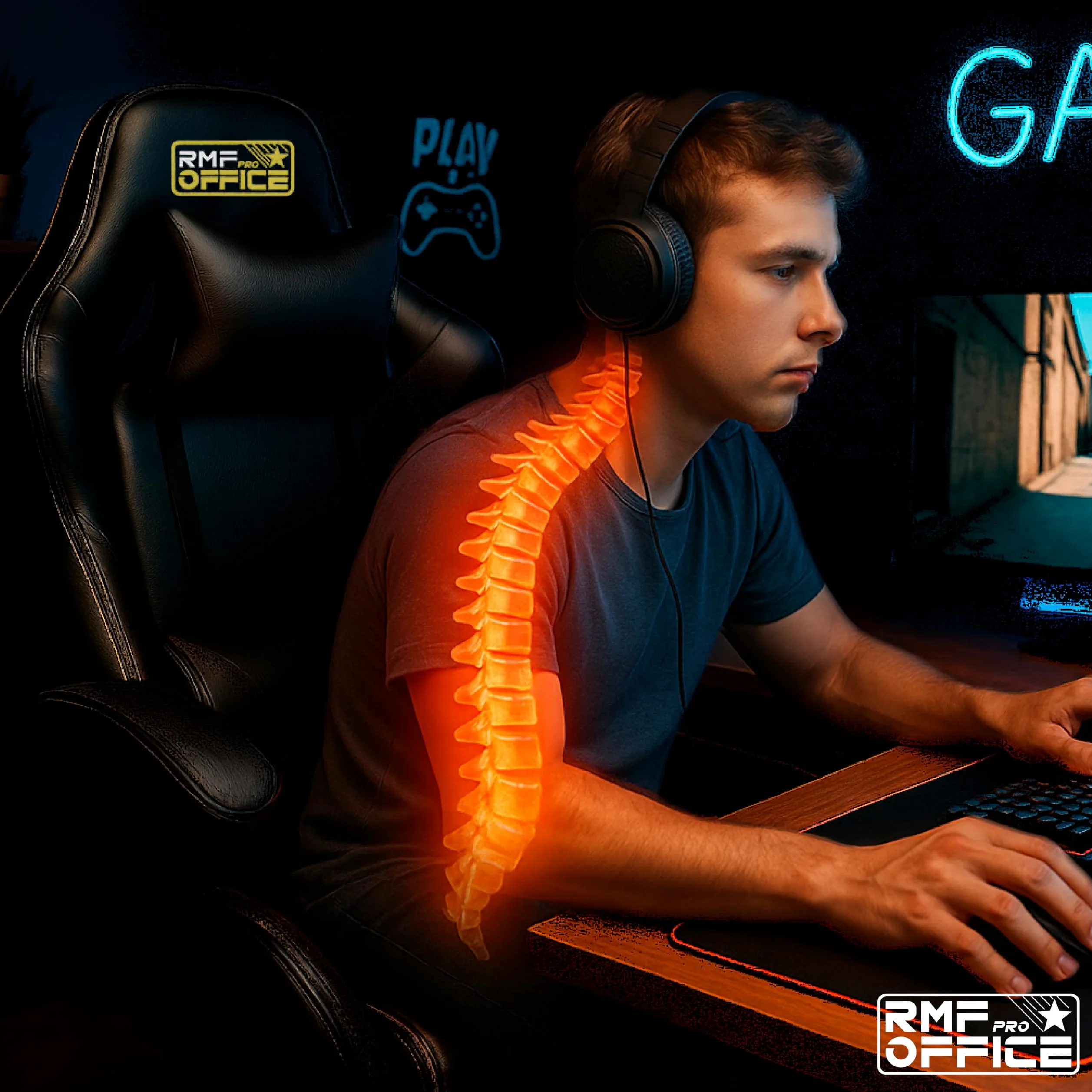 RMF Sedia Gaming Professionale Ergonomica Reclinabile, Poltrona Gaming Seduta Comoda e Rilassante con Poggiapiedi - Sedia per Gamer con Ruote Girevoli, Altezza Regolabile Nero