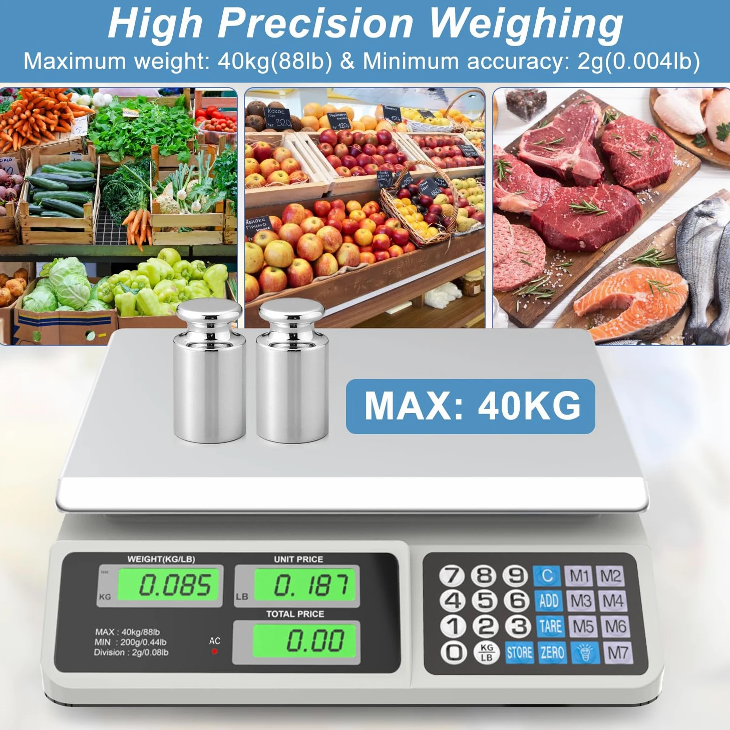 Bilancia digitale per calcolo dei prezzi, 40 kg, bilancia commerciale digitale per alimenti, con calcolatrice dei prezzi, per mercati agricoli, punti vendita, negozi di carne e gastronomia, conteggio