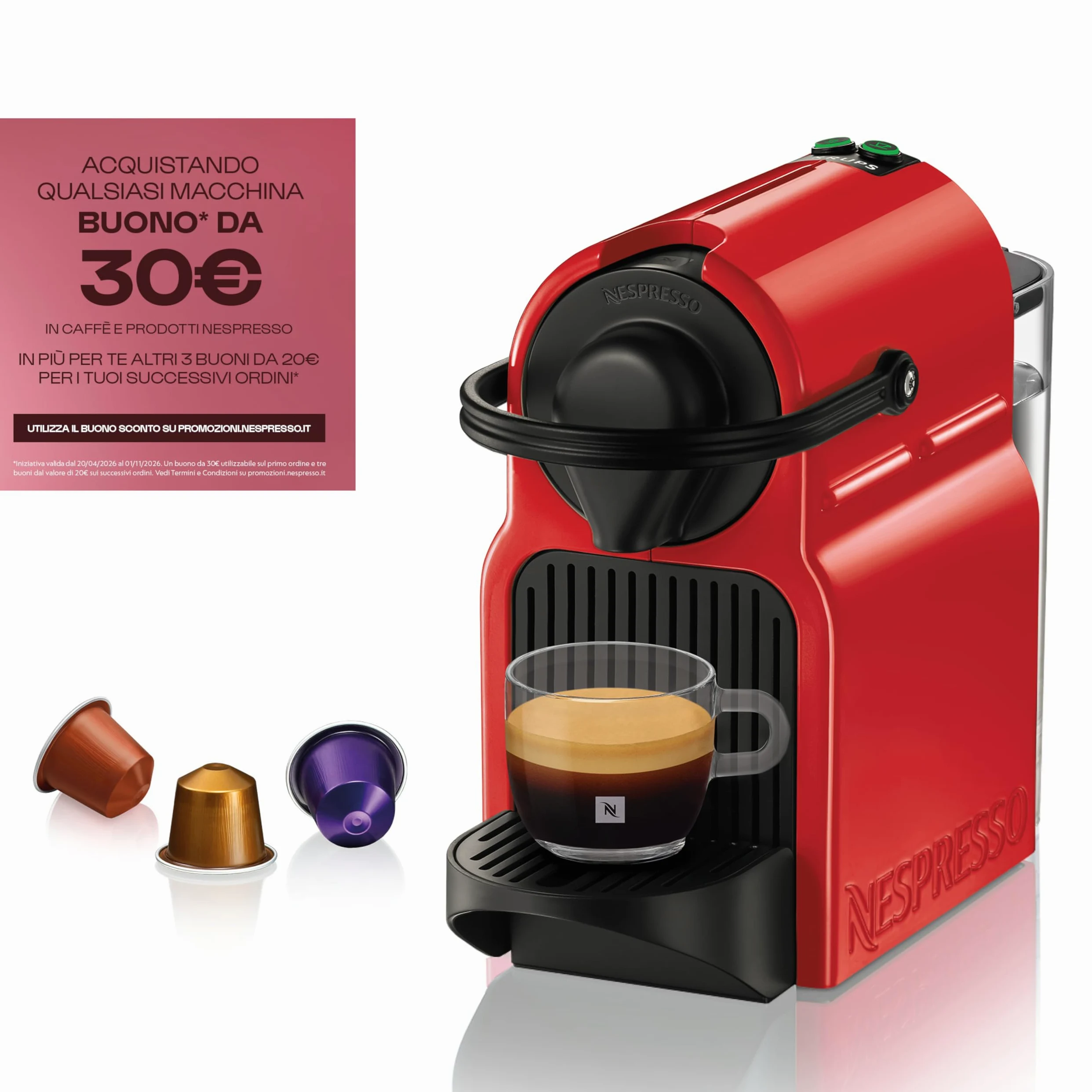 Nespresso Inissia XN1005, Macchina da caffè di Krups, 1260W, colore Ruby Red