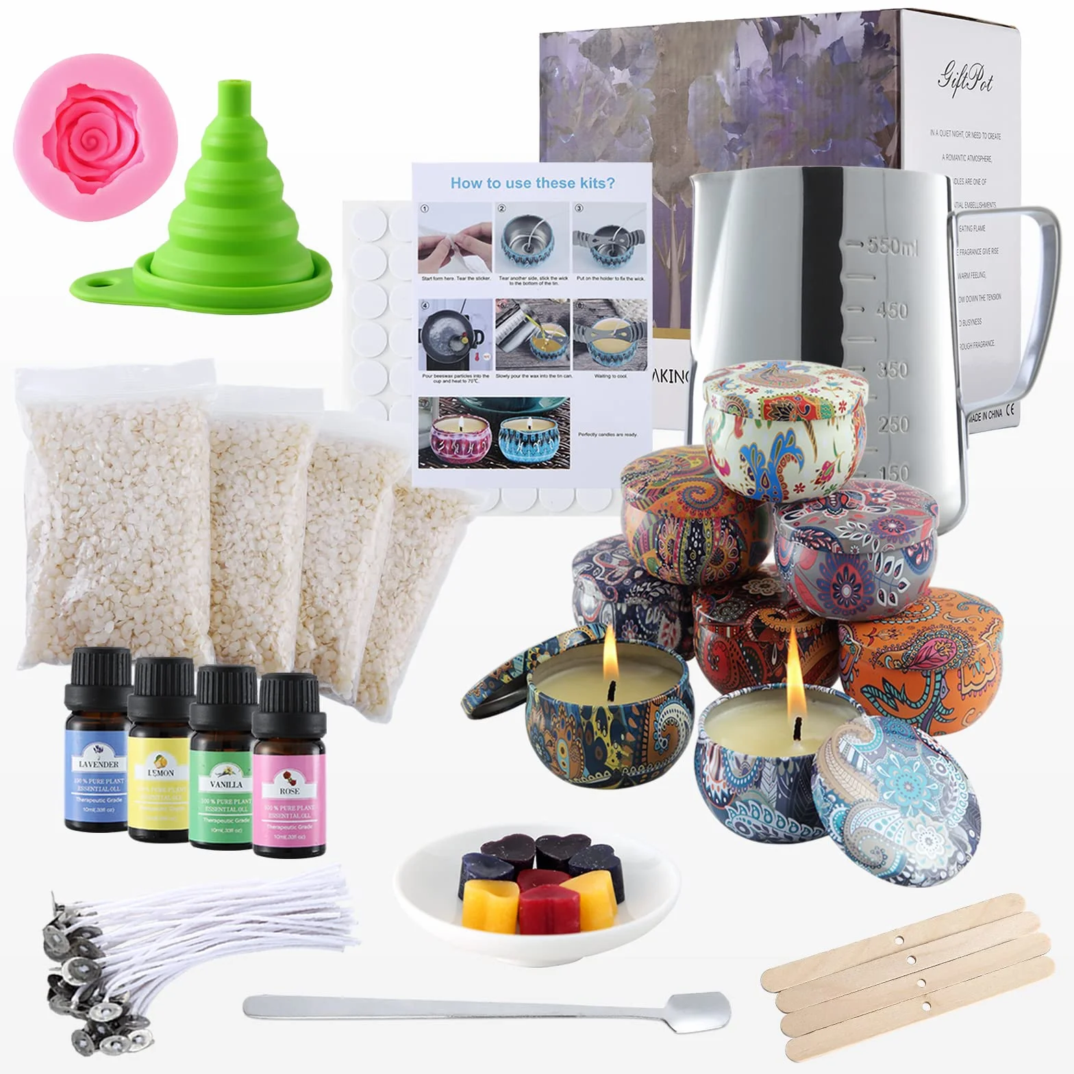 Giftpot Kit per Fabbricazione Candele, DIY Set Regalo 480g cera d'api, 8 Crogiolo, 4 Oli Essenziali, 50 Stoppini, 2 Stampi