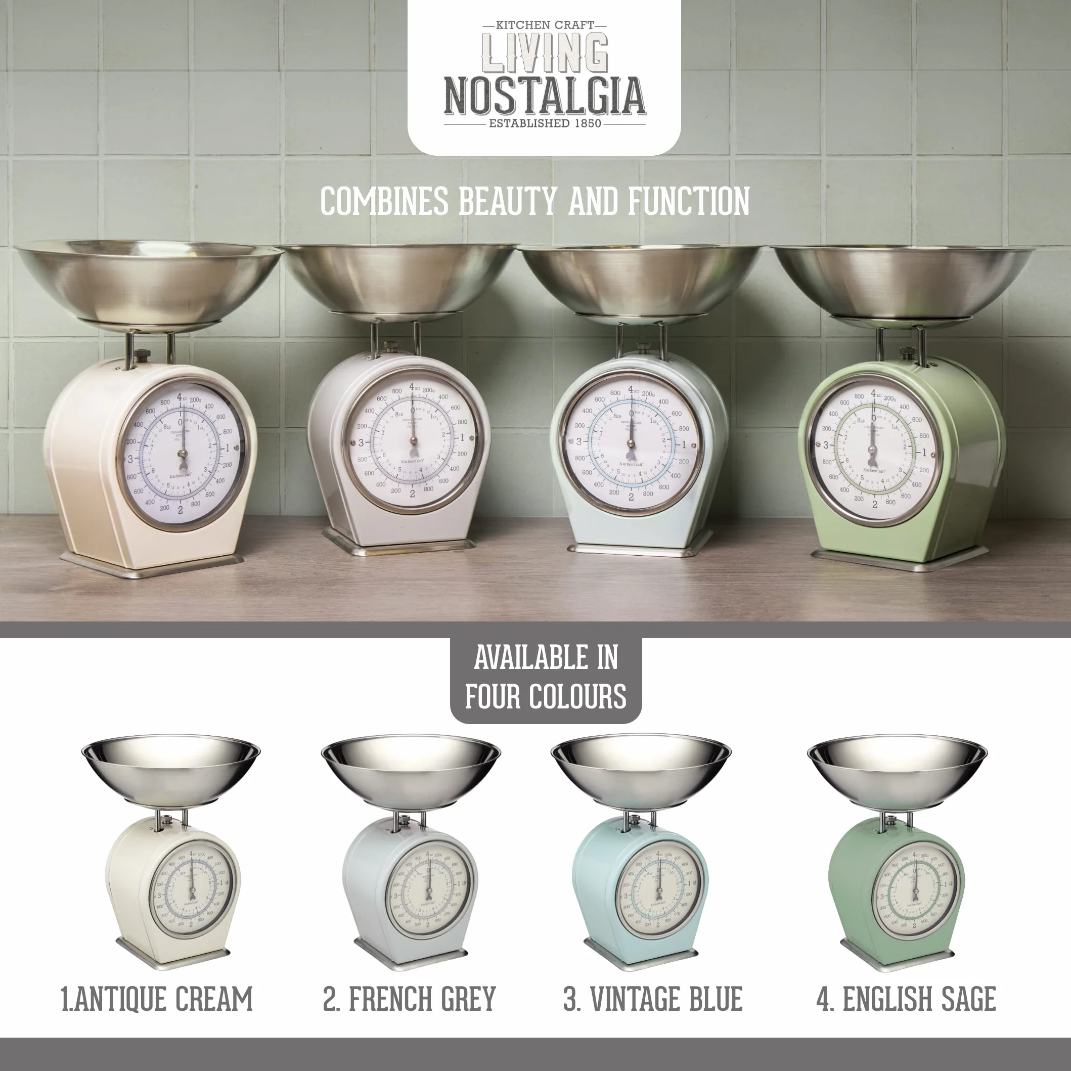 KitchenCraft Living Nostalgia Bilancia da Cucina Meccanica Analogica 4 kg Crema Antico