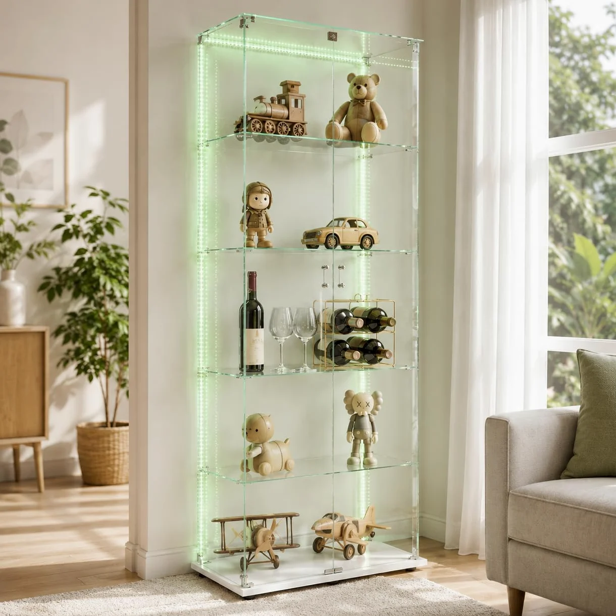 Vetrinetta in vetro da esposizione, Vetrinetta in piedi con LED, 5 strati di vetro, legno, vetrina in vetro, vetrinetta con 2 porte e serratura, vetrina in vetro, vetrinetta da esposizione per