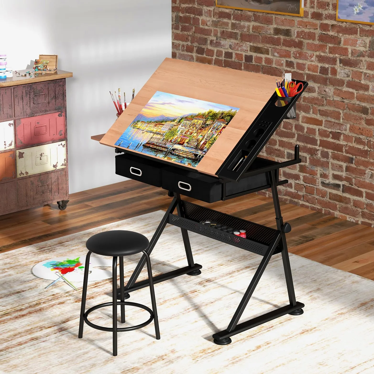 COSTWAY Tavolo da Disegno, Scrivania per Arte Inclinabile e Regolabile in Altezza con Sgabello, Cassetti, Portapenne e Ripiano, Ideale per Disegnatore, Pittore e Ingegnere (Naturale)