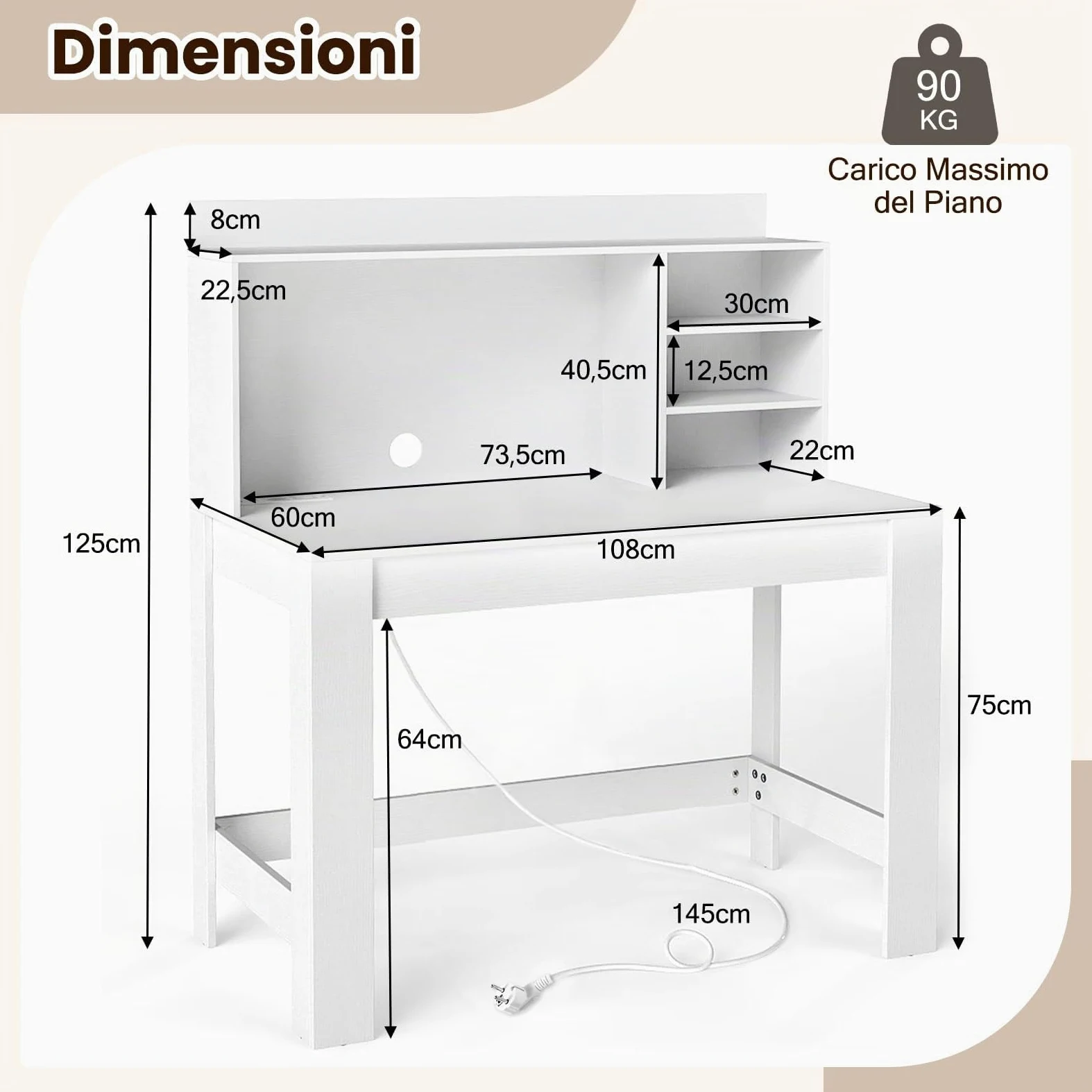 COSTWAY Scrivania per Computer con Libreria, Scrivania Salvaspazio in Legno con Stazione di Ricarica e Foro per Cavi, Scrittoio Moderno per Ufficio, Soggiorno e Studio, 108 x 60 x 125 cm (Bianco)