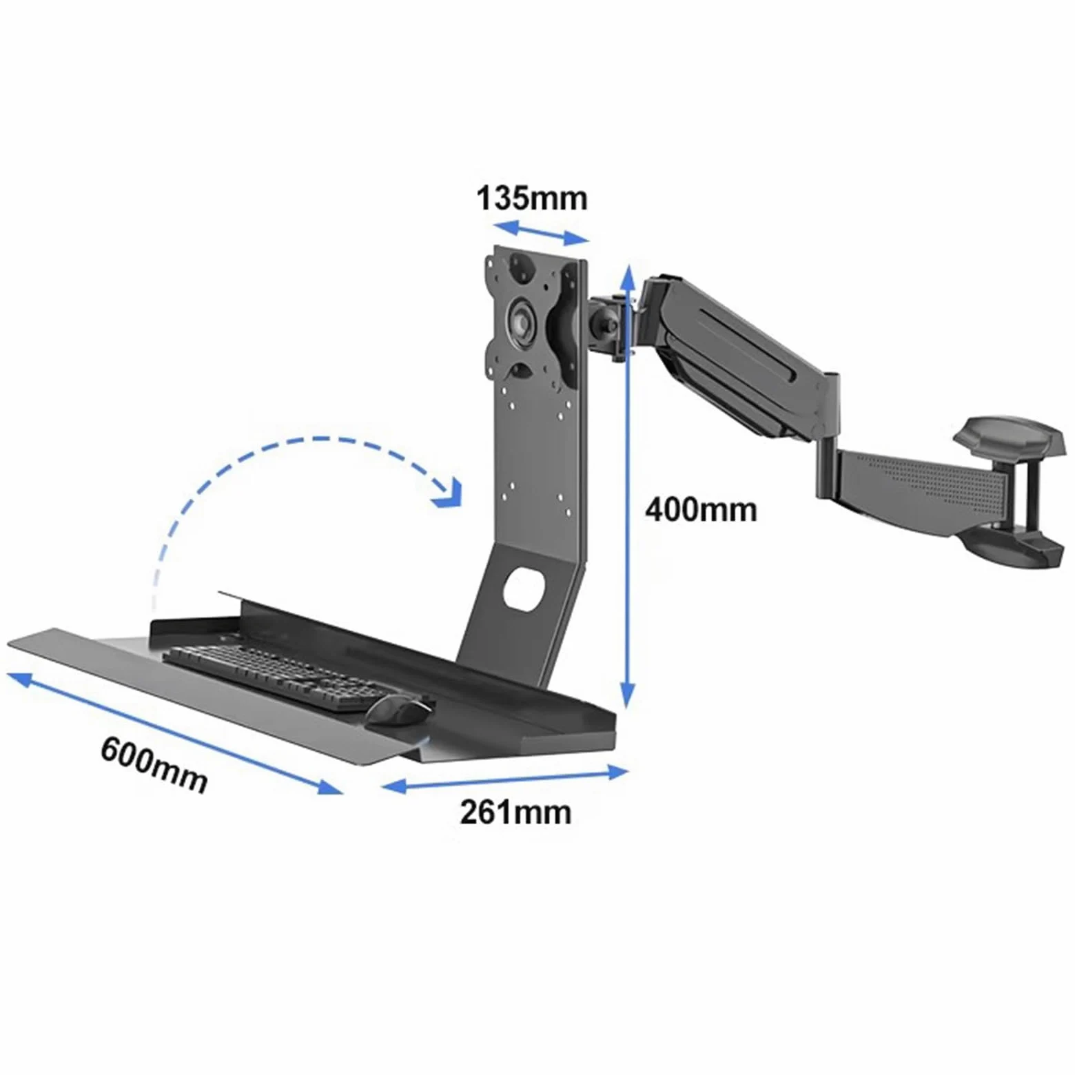 Postazione di lavoro sit-stand da parete per monitor singolo e tastiera, braccio con molla a gas, altezza e angolo regolabili, carico massimo 22 kg, adatto a display da 17"-35"