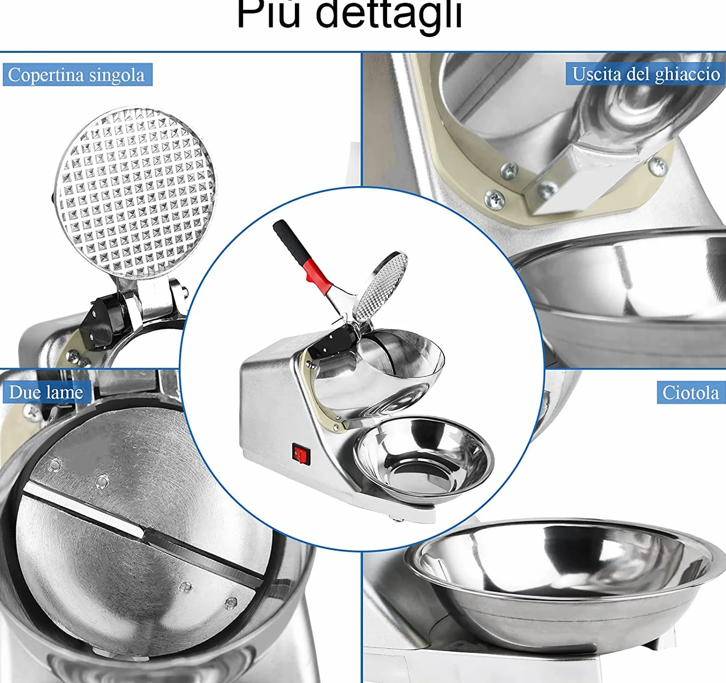 Tosucs Tritaghiaccio Elettrico 300W, 80 kg/h Elettrico Macchina del Ghiaccio con Ciotola,Tritaghiaccio a Doppia Lama, Acciaio Inossidabile,per Uso Domestico e Commerciale(Bianco Argento)