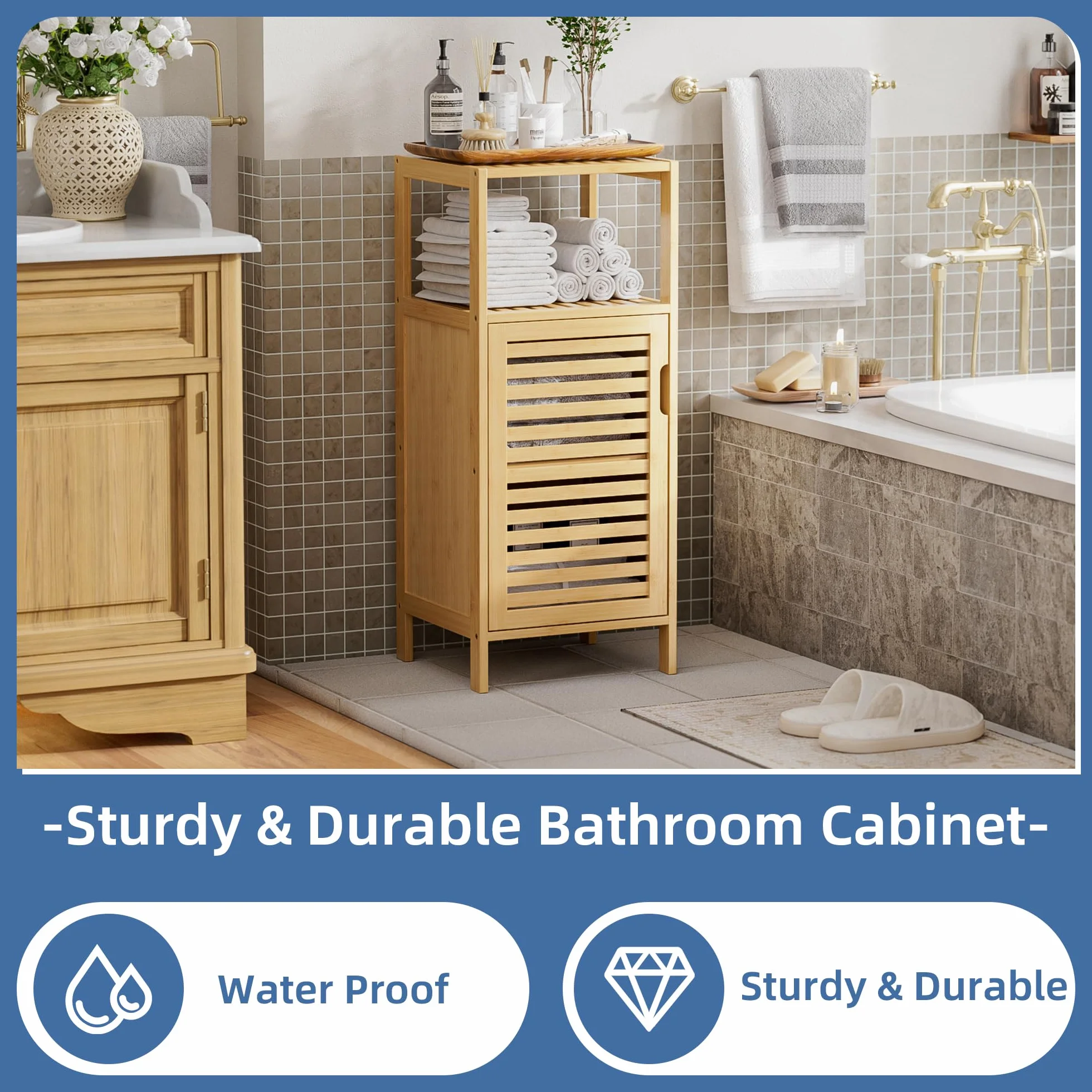HITNET Mobile Bagno Piccolo, Mobiletto Bagno Basso da Terra, Armadietto da Pavimento in Bambu con Compartimento Aperto, adatto per Soggiorno, Cucina e Corridoio, Naturale