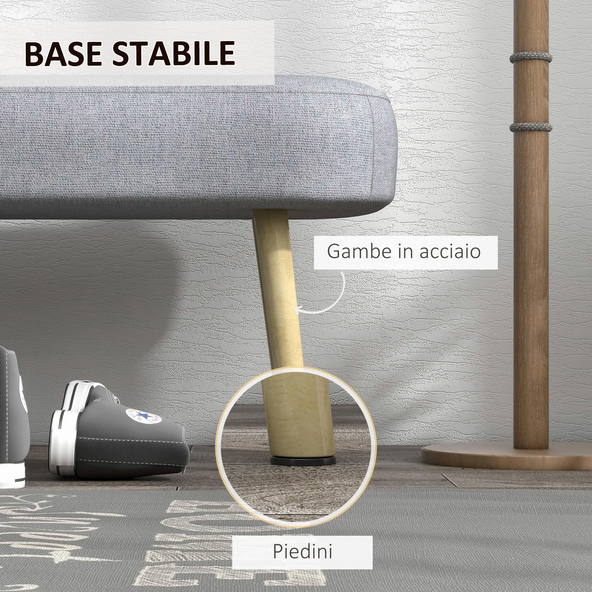 HOMCOM Panca Imbottita Fondo Letto in Tessuto con Gambe in Acciaio Effetto Legno, Panca per Ingresso, Salotto e Camera, 114x38x45cm, Grigio