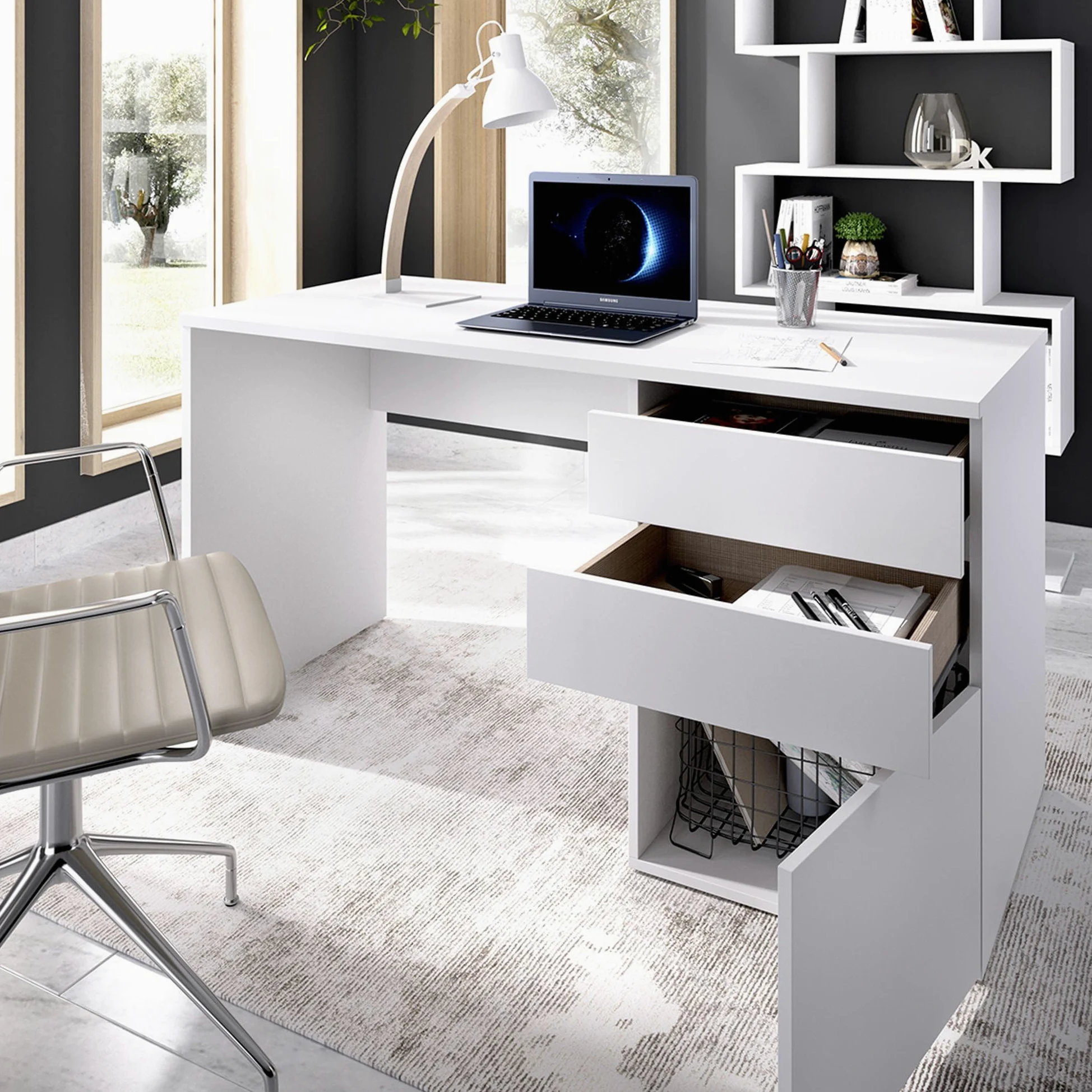 Dmora - Scrivania Lagoni, Scrittoio multiuso da ufficio o cameretta, Tavolo da studio lineare con 2 cassetti e 1 anta, 139x60h75 cm, Bianco