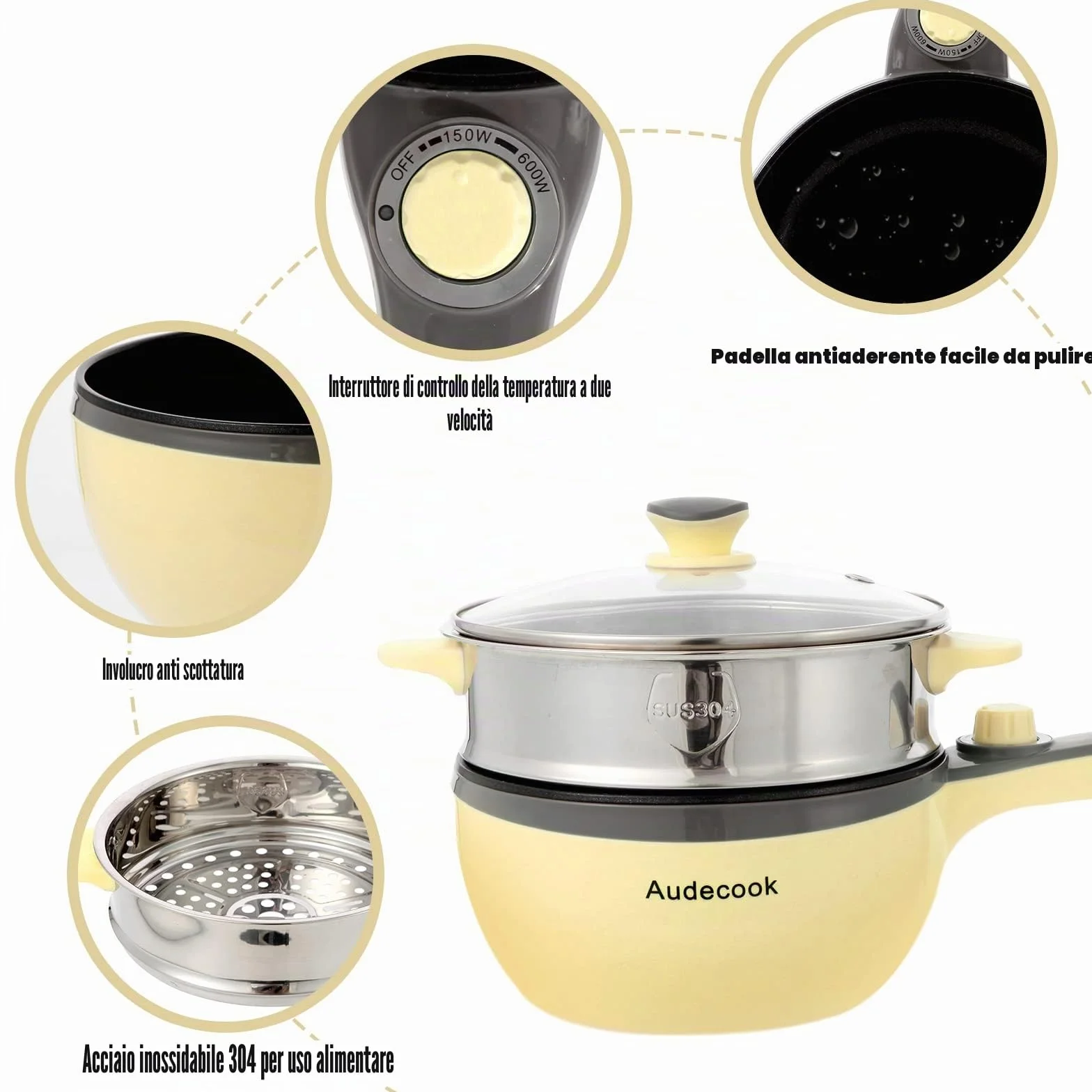 Audecook Padella Elettrica 20 cm Antiaderente Multifunzione Portatile con Vaporiera - Giallo
