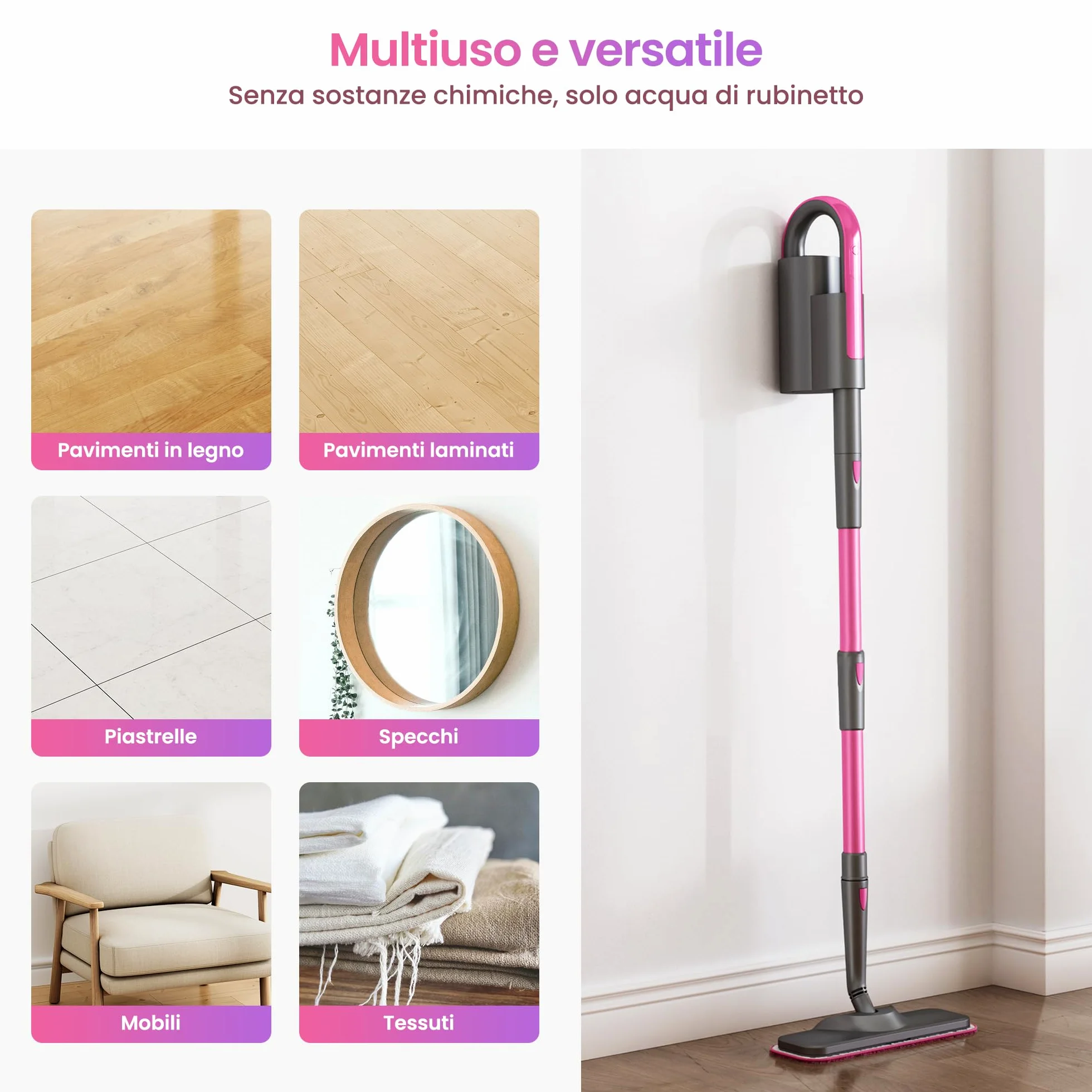 Schenley scopa a vapore 19-in-1 con vaporetto staccabile, design a doppio tubo per pavimenti, piastrelle, pareti e fughe, completo di accessori