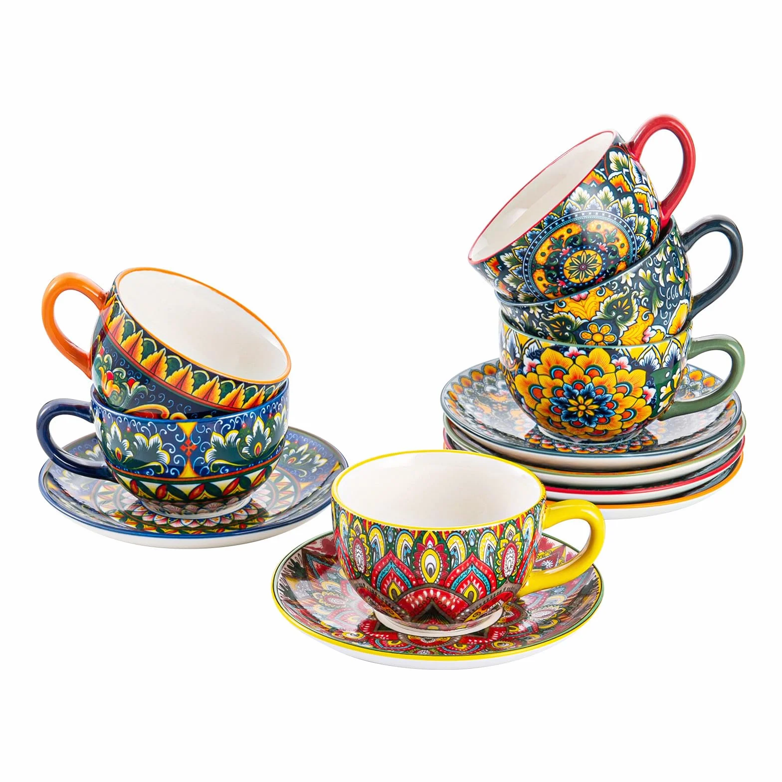 Henten Home Servizio da Caffè in Porcellana, Tazze da Caffè Servizi 12 Pezzi, Colorato, Dipinto a Mano, Set da Caffè per 6 Persone, include Tazze da Caffè, Piattini