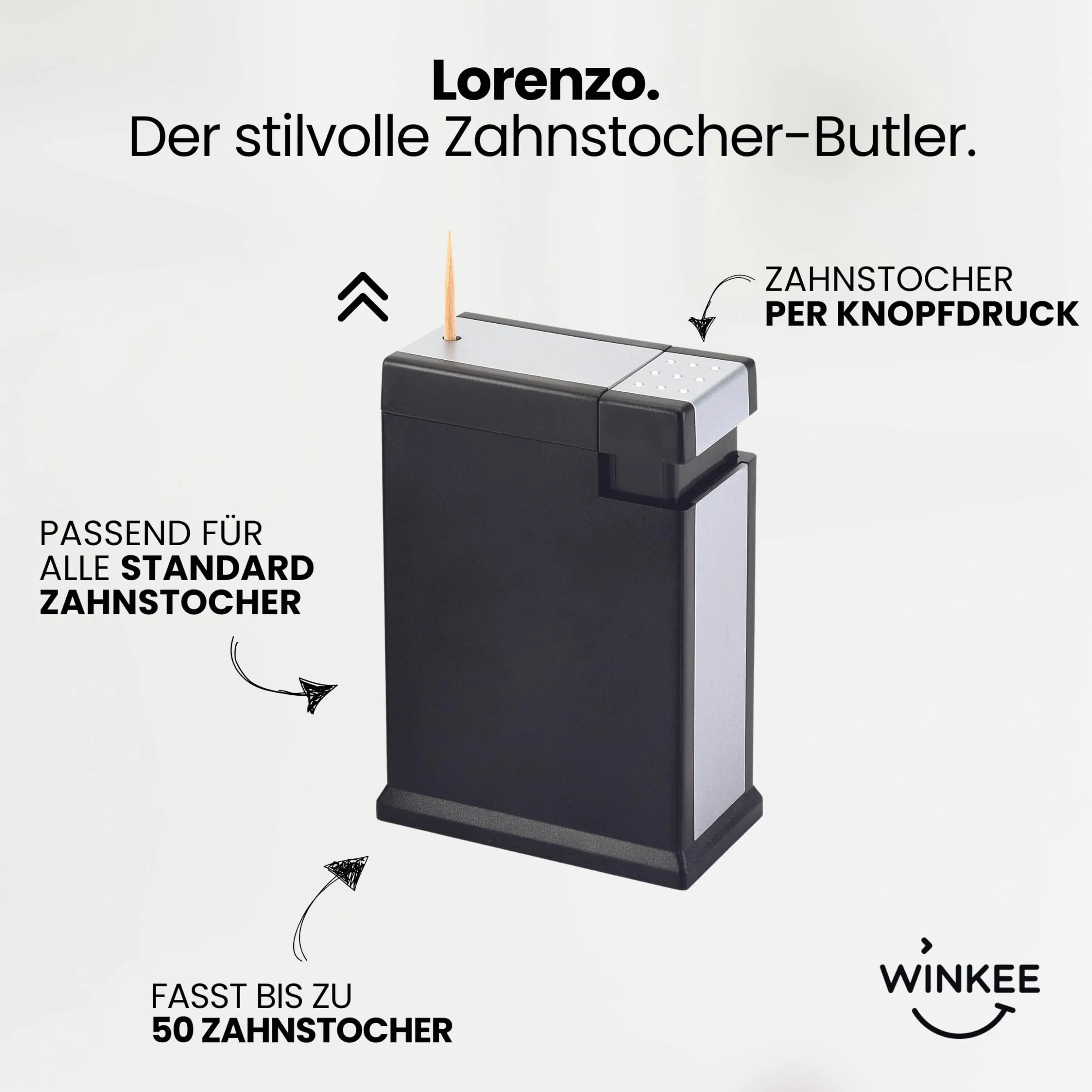 Winkee Lorenzo Dispenser per Stuzzicadenti Automatico Nero