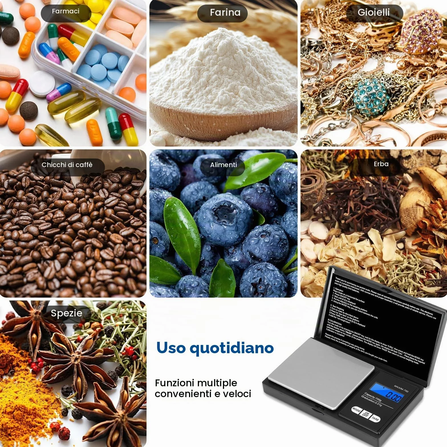 Bilancia di Precisione Oderra 700g/0,01g LCD Retroilluminato Portatile per Gioielli Oro Caffè