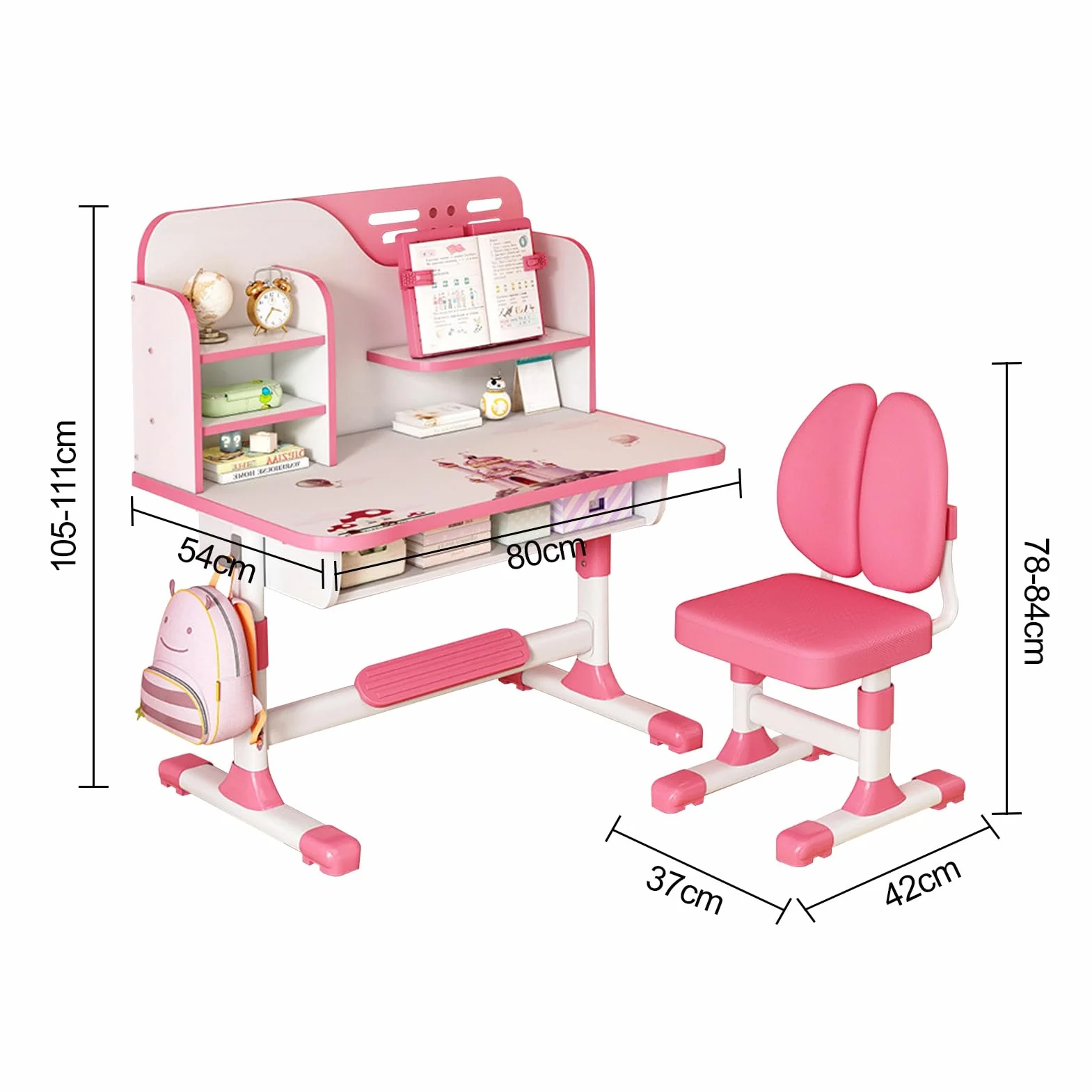 Set di scrivania e sedia per bambini, regolabile, per scuola, scrittura, compiti, studio, scrivania ergonomica con grande lavagna, libreria e cassetto, rosa