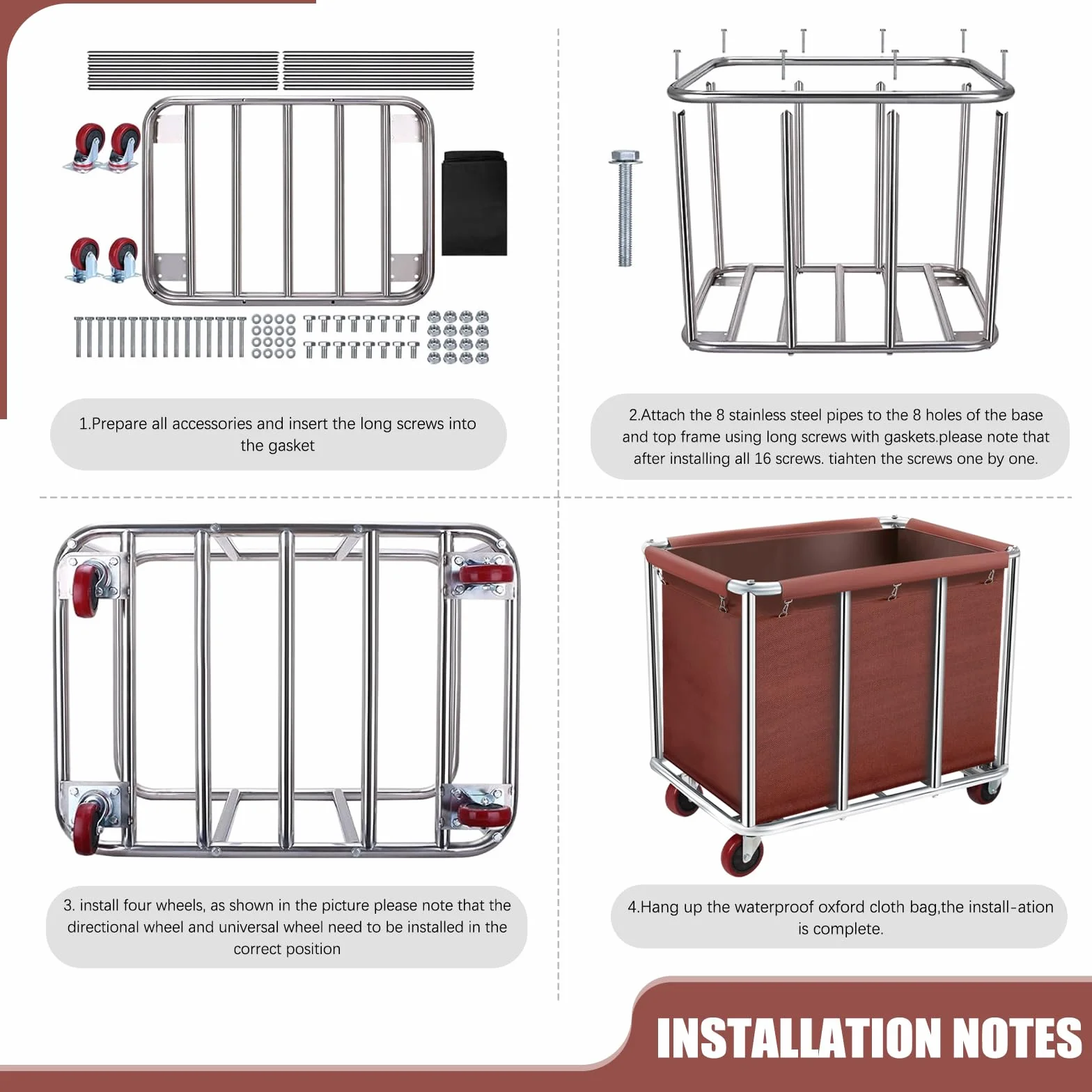 Carrello portabiancheria con ruote, 400 l, per alberghi e ospedali, cestino rimovibile in tela impermeabile, resistente in acciaio inox (marrone)