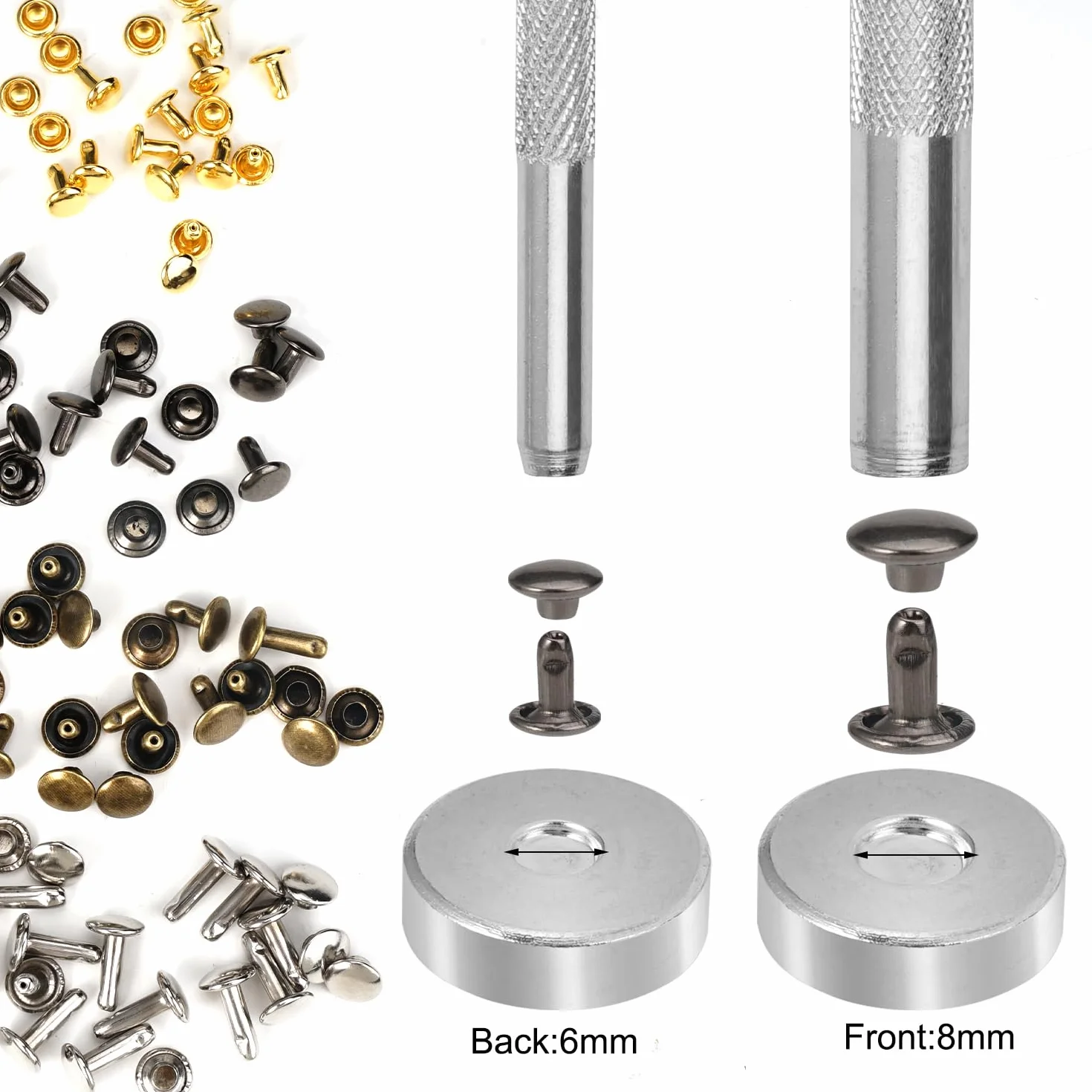 180 Set Rivetti di Pelle 6mm/8mm/12mm Doppio Tappo Rivetto Rivetti Metallici Borchie per Pelle con Punch Pinze 3 Pezzi Strumenti di Fissaggio, per Scarpe,Vestiti,choker,Artigianali Pelle(4 Colori)