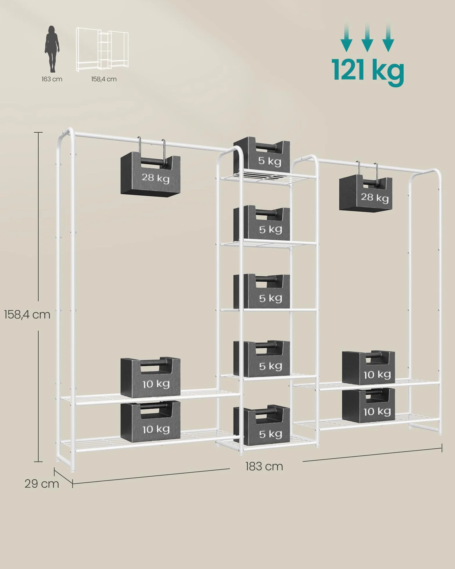 SONGMICS Appendiabiti Armadio Aperto Asta Portabiti Guardaroba in Metallo Bianco Opaco LGR463W01