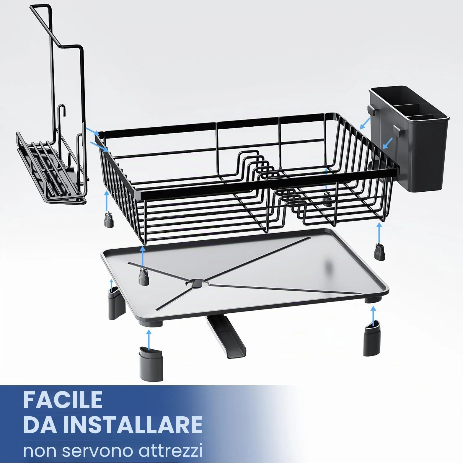 Scolapiatti Scaffale per Stoviglie con Portaposate Drenaggio Regolabile Nero Antiruggine