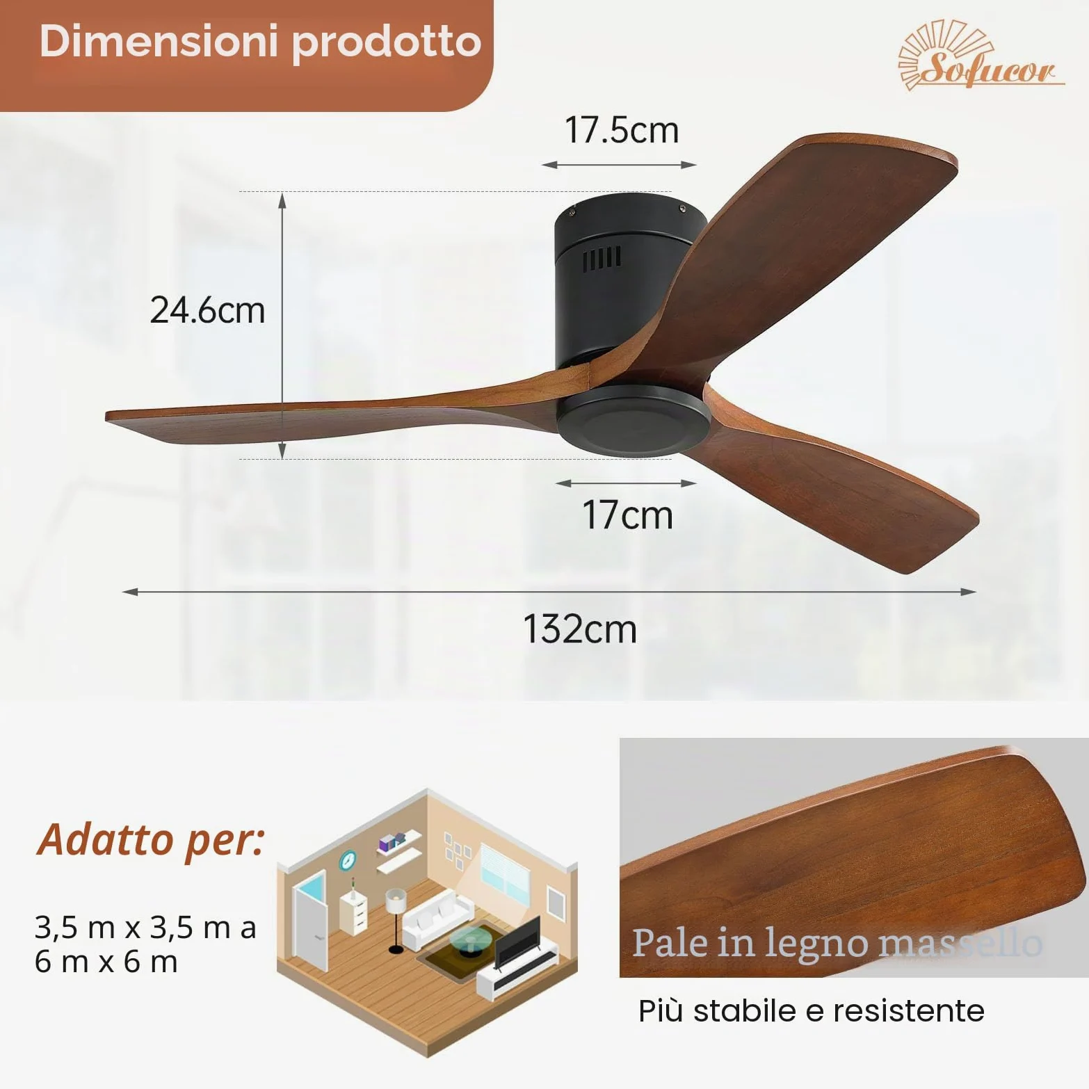 Sofucor 132cm Ventilatore da Soffitto in Legno Massiccio, Telecomando, 6 Velocità, Timer, Motore DC Silenzioso Ventilatore Soffitto per Soggiorno, Cucina, Camera da Letto