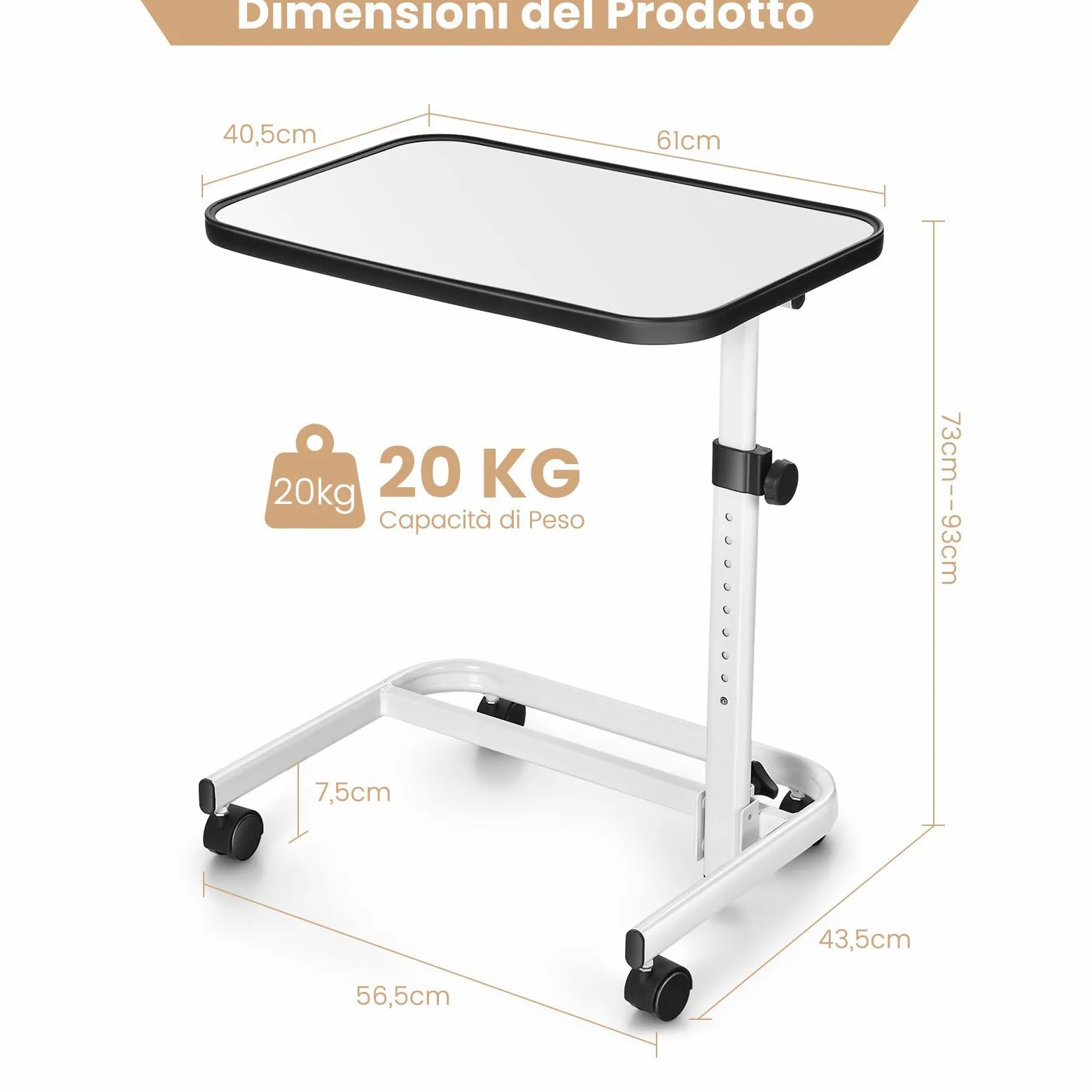 GYMAX Tavolo da Letto Tavolino Laterale con 4 Rotelle Universali, Angolo e Altezza Regolabile, Piano Inclinabile, a Forma di C, per Soggiorno, Camera da letto, Ospedale (Bianco)