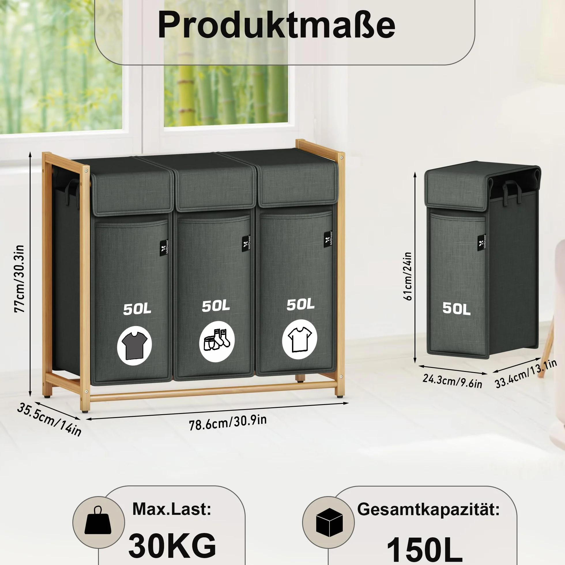AdelDream Cesto per Biancheria, Separatore per Vestiti, 3 Scomparti, Carrello per Biancheria con Tasche Rimovibili, Bambù 150 L, Grigio Scuro