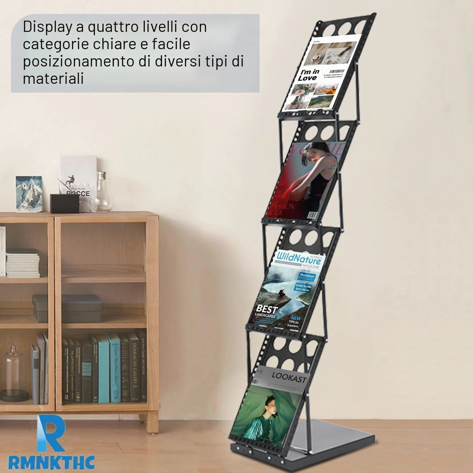 Supporto per catalogo pieghevole a 4 ripiani con custodia Oxford, compatibile con A4, in ferro, per opuscoli, opuscoli, riviste (nero)