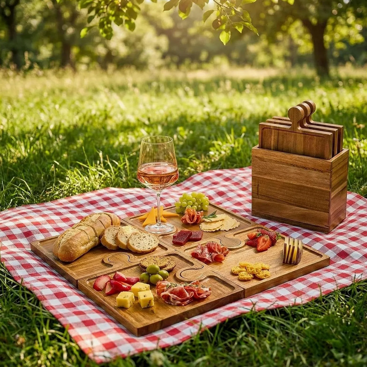 Charcuterie Board - 4-Piece Interlocking Wooden Serving Platter, Multi-Function Food Presentation Set with Sturdy Bamboo Construction, Ideal for Family Hostess Kitchen Party Wedding Holiday Apartment