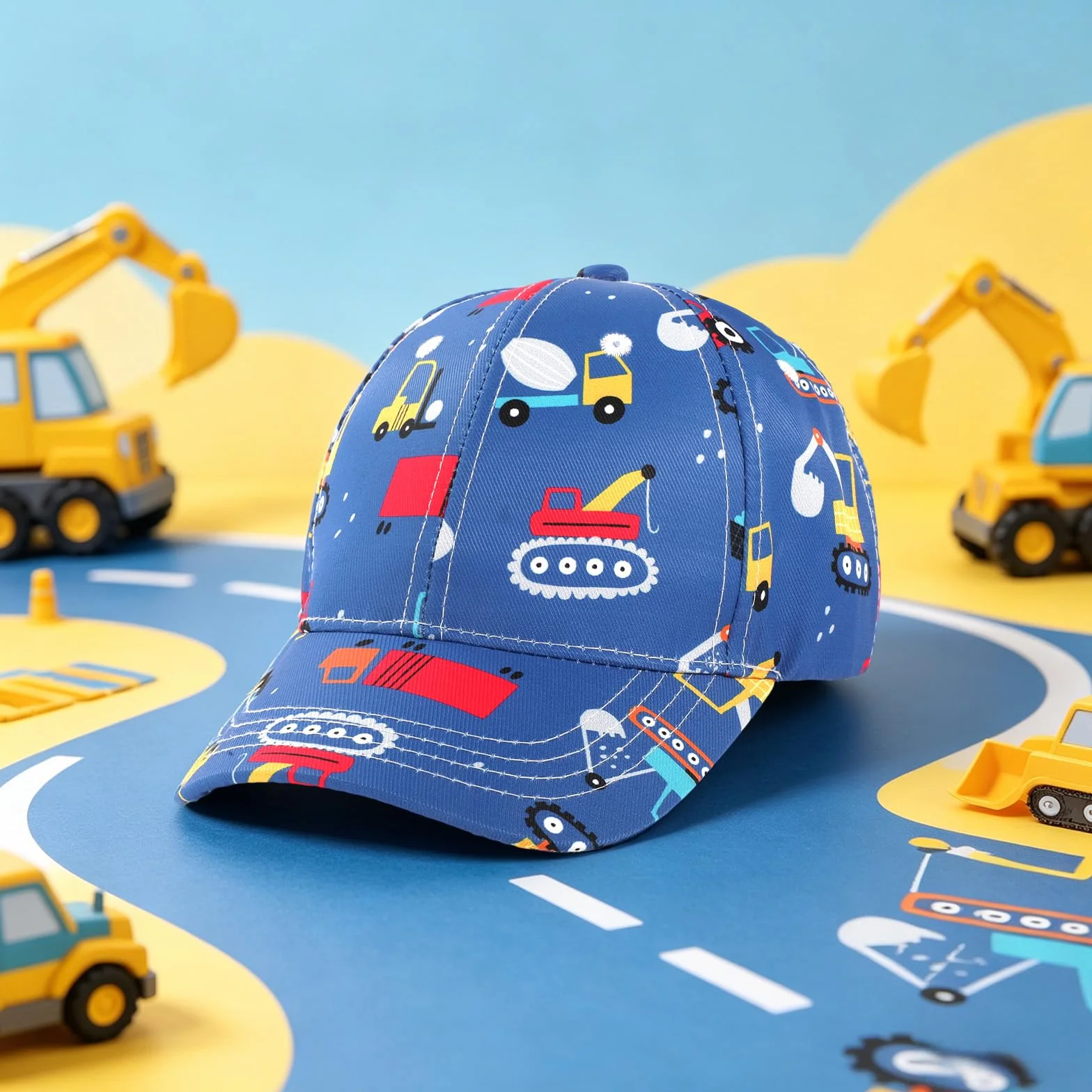 Cappellino Baseball Bambini 3-8 Anni Protezione UV Visiera Larga Berretto Sportivo Regolabile Chiusura Fibbia Design Camion Cantiere Escavatore