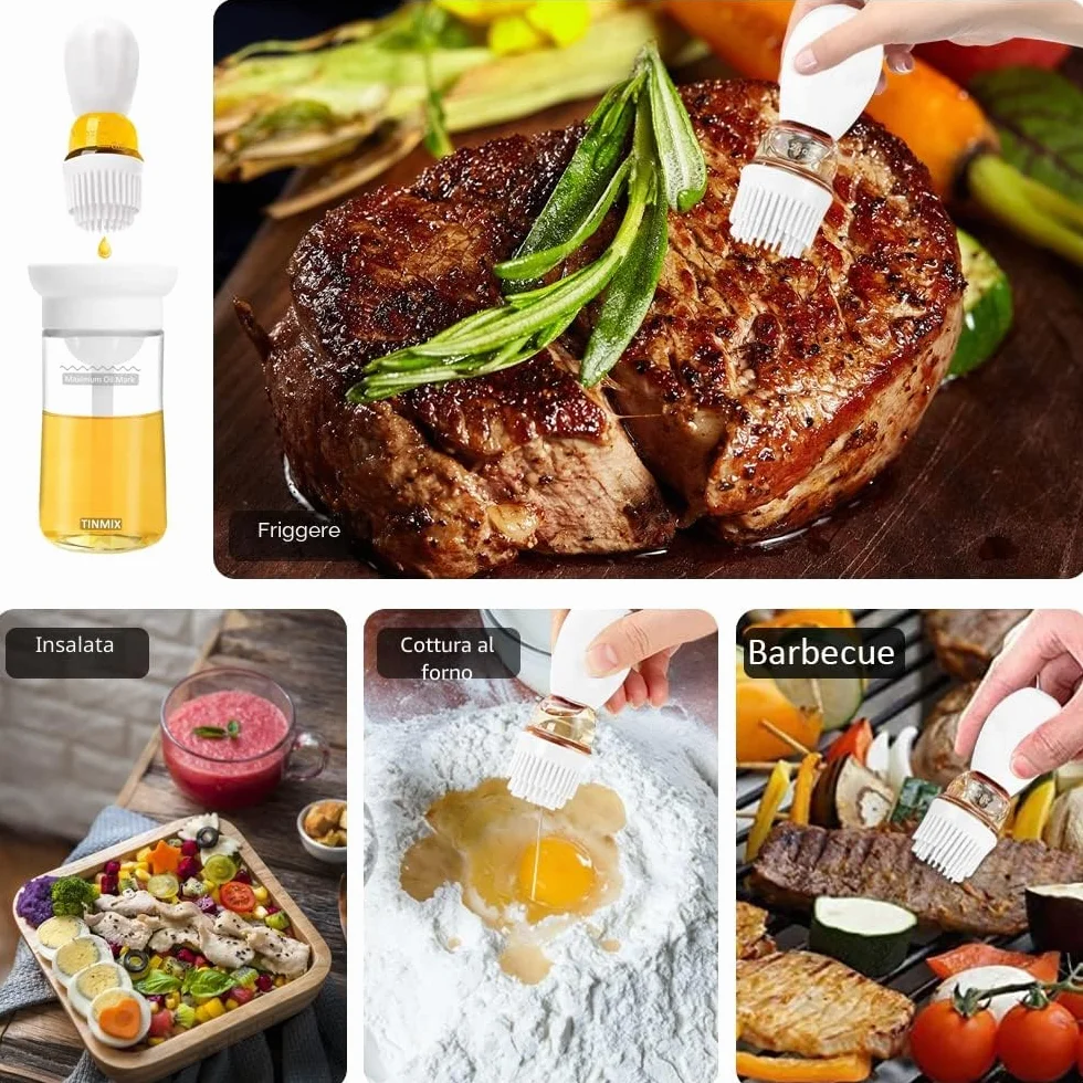 Dispenser di olio con spazzola per barbecue, contenitore per olio e dispenser e spazzola in silicone per cucina, barbecue, grigliate, cottura e cottura TOB21 TOB21S (Ob21s-grigio)