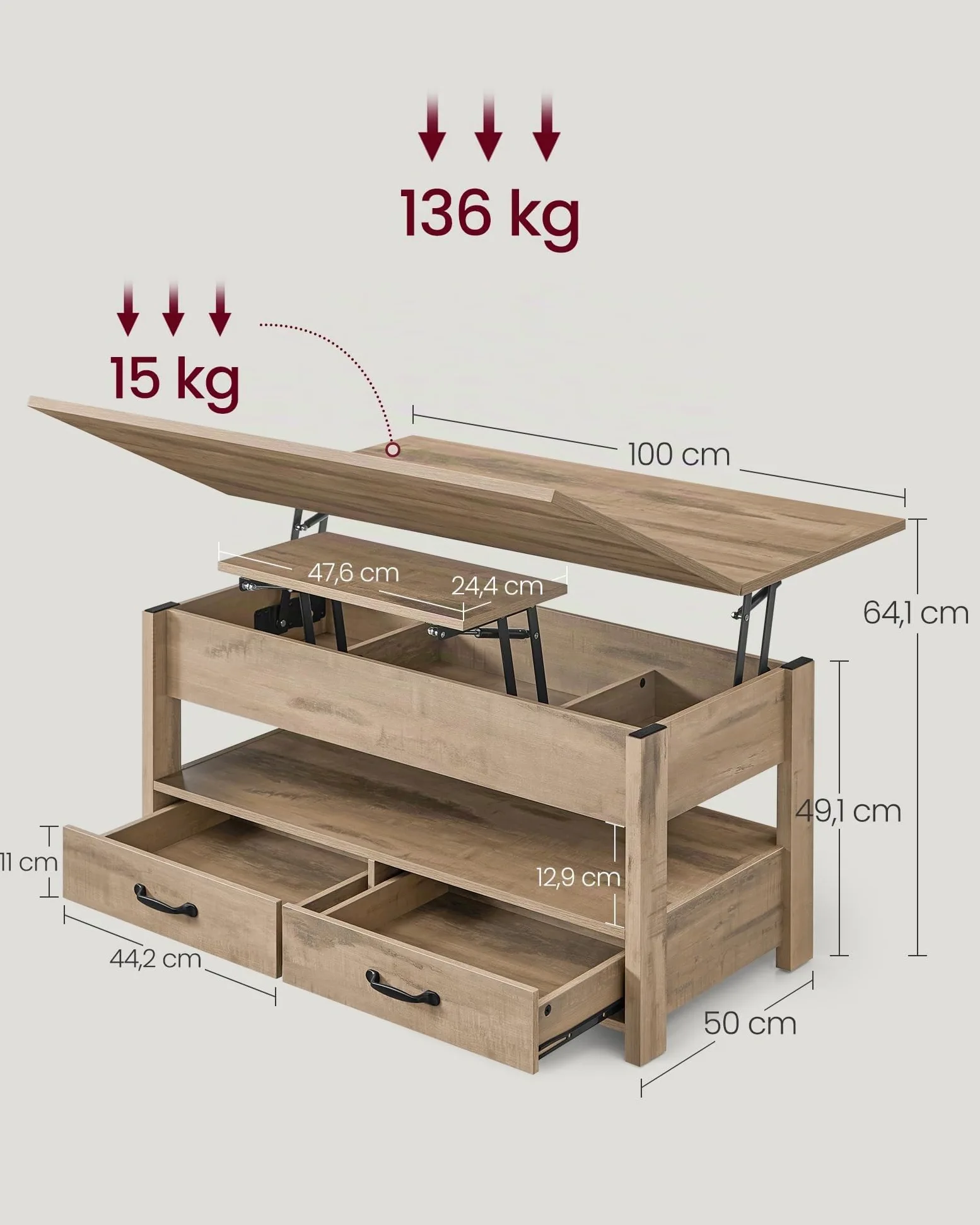 VASAGLE Tavolino da Salotto, Regolabile in Altezza, Pistone a Gas, 2 Cassetti e 3 Scomparti Sotto Piano, Tavolino da Caffè, 1 Scomparto Aperto, per Soggiorno, Studio, Marrone Cammello LCT254L01