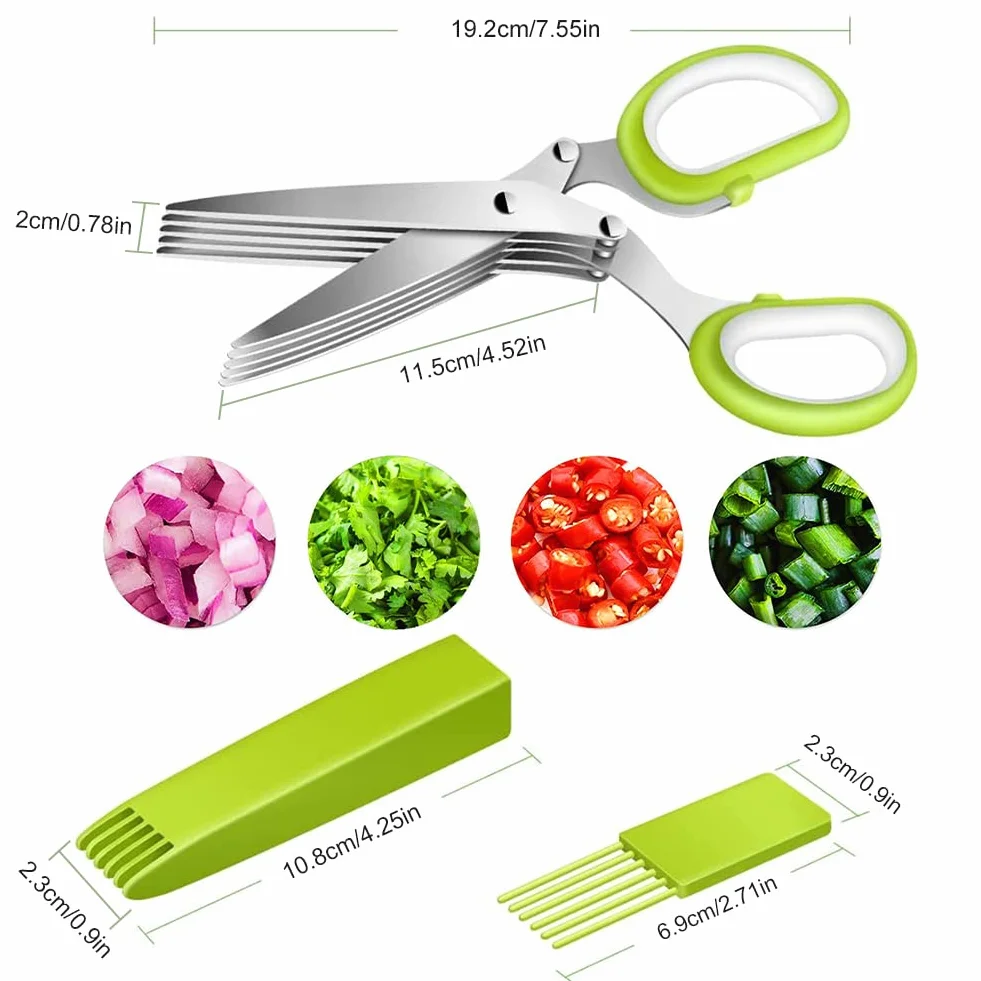 Forbici per spezie, erbe aromatiche, acciaio inox, 5 lame, pettine pulizia, copertura sicurezza, fori spelare verdure, prezzemolo, coriandolo, Butyeak