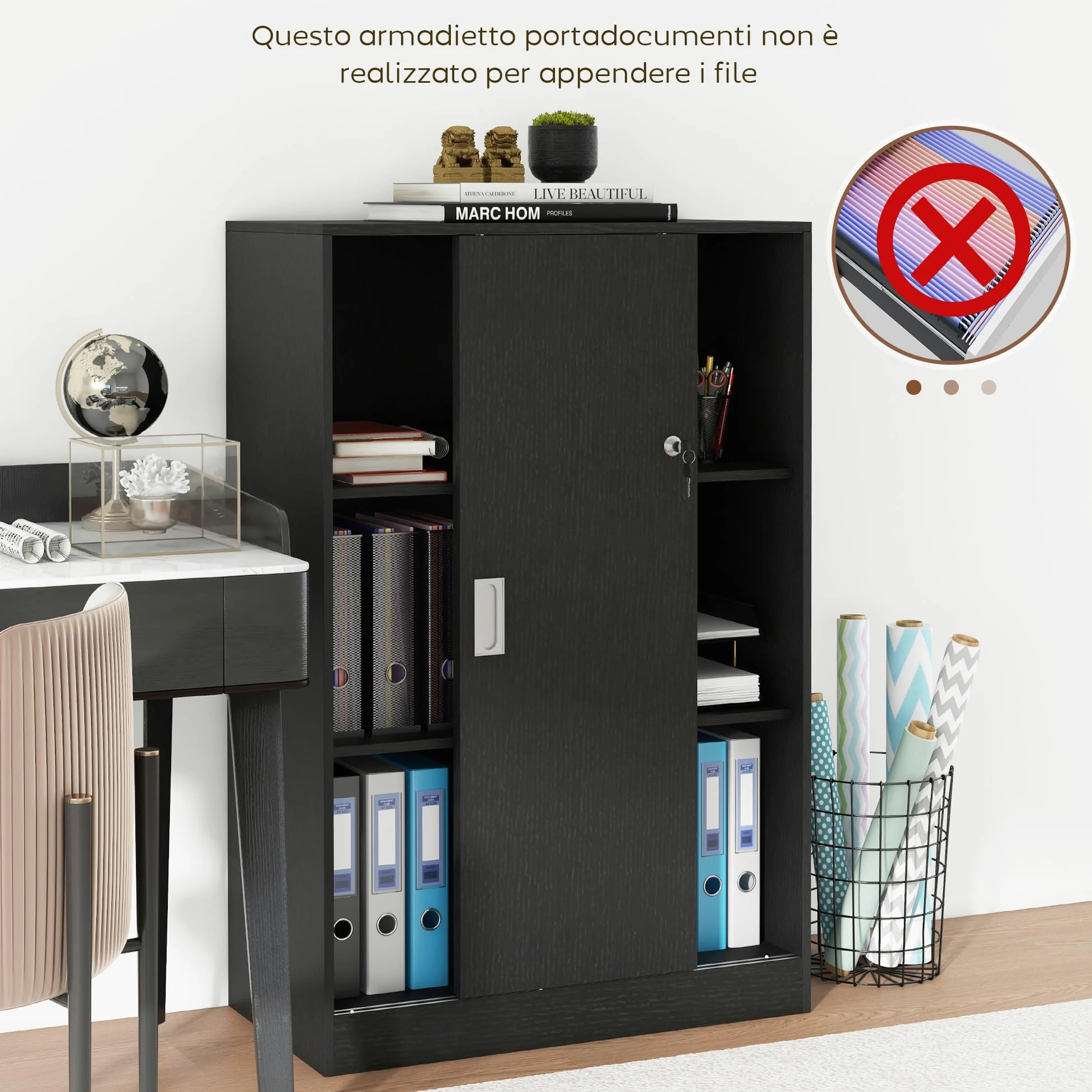 HOMCOM Armadietto da Ufficio a 3 Ripiani e ad Anta Doppia, Mobiletto Armadio da Ufficio in Legno, Mobiletto Multiuso con Chiusura e 2 Chiavi di Sicurezza per Studio, Garage e Soggiorno, Nero