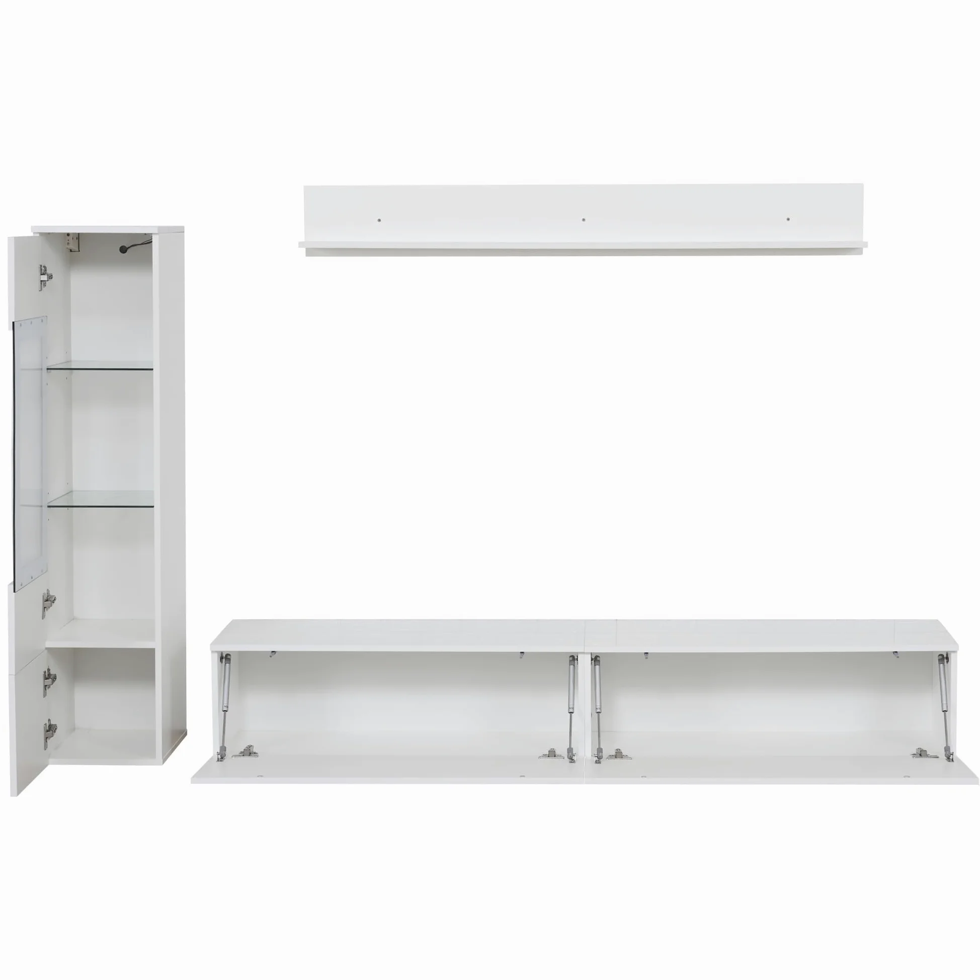 KAZZIO Set da parete per TV, 3 pezzi, illuminazione a LED, lucido, per soggiorno, 1 armadio per TV, 1 vetrina per soggiorno, 1 mensola da appendere (bianco)