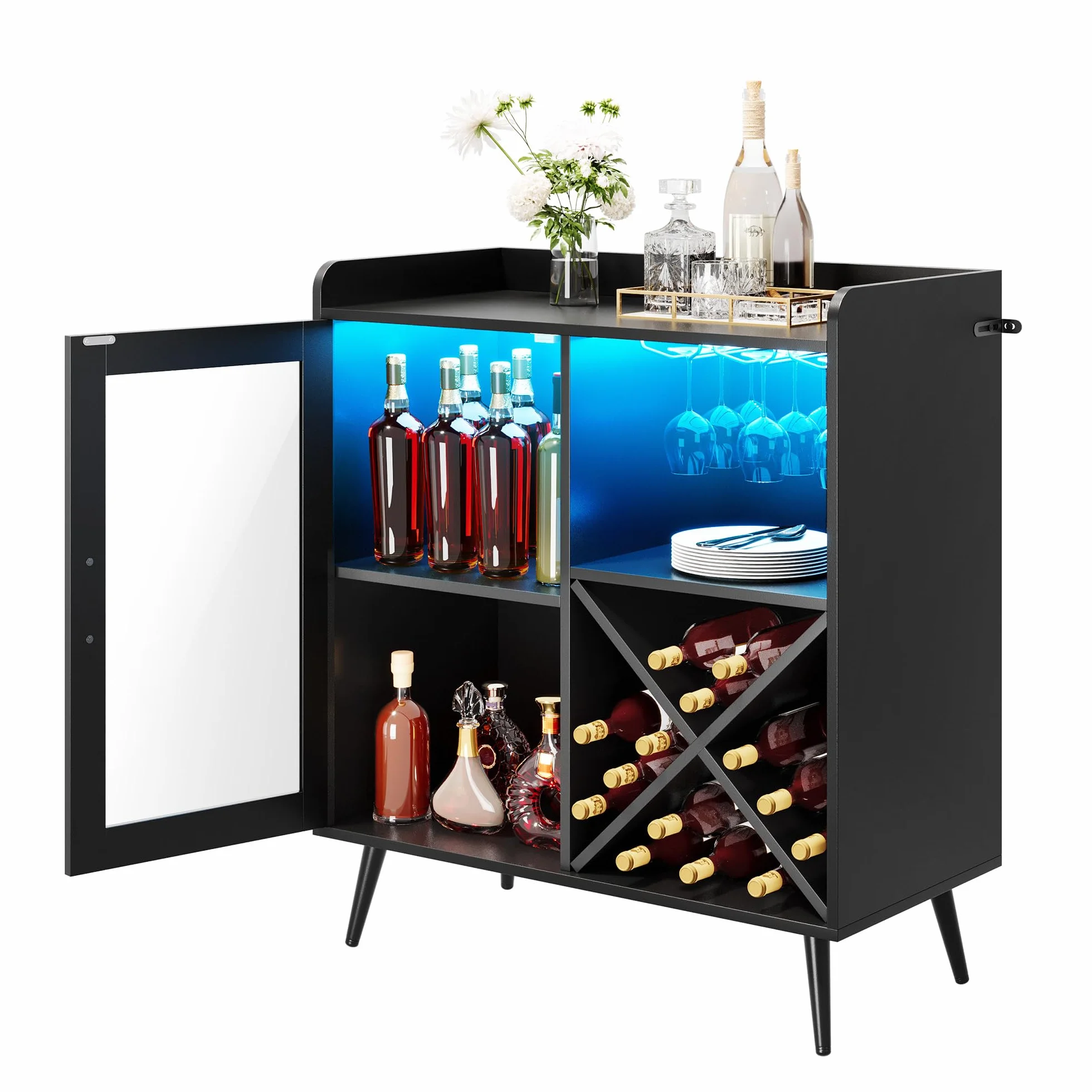 YITAHOME Piccolo mobile da bar con luci a LED, porta in acrilico e portabottiglie per vino, caffetteria con portabicchieri, credenza per casa, bar, sala da pranzo, soggiorno o cucina, nero