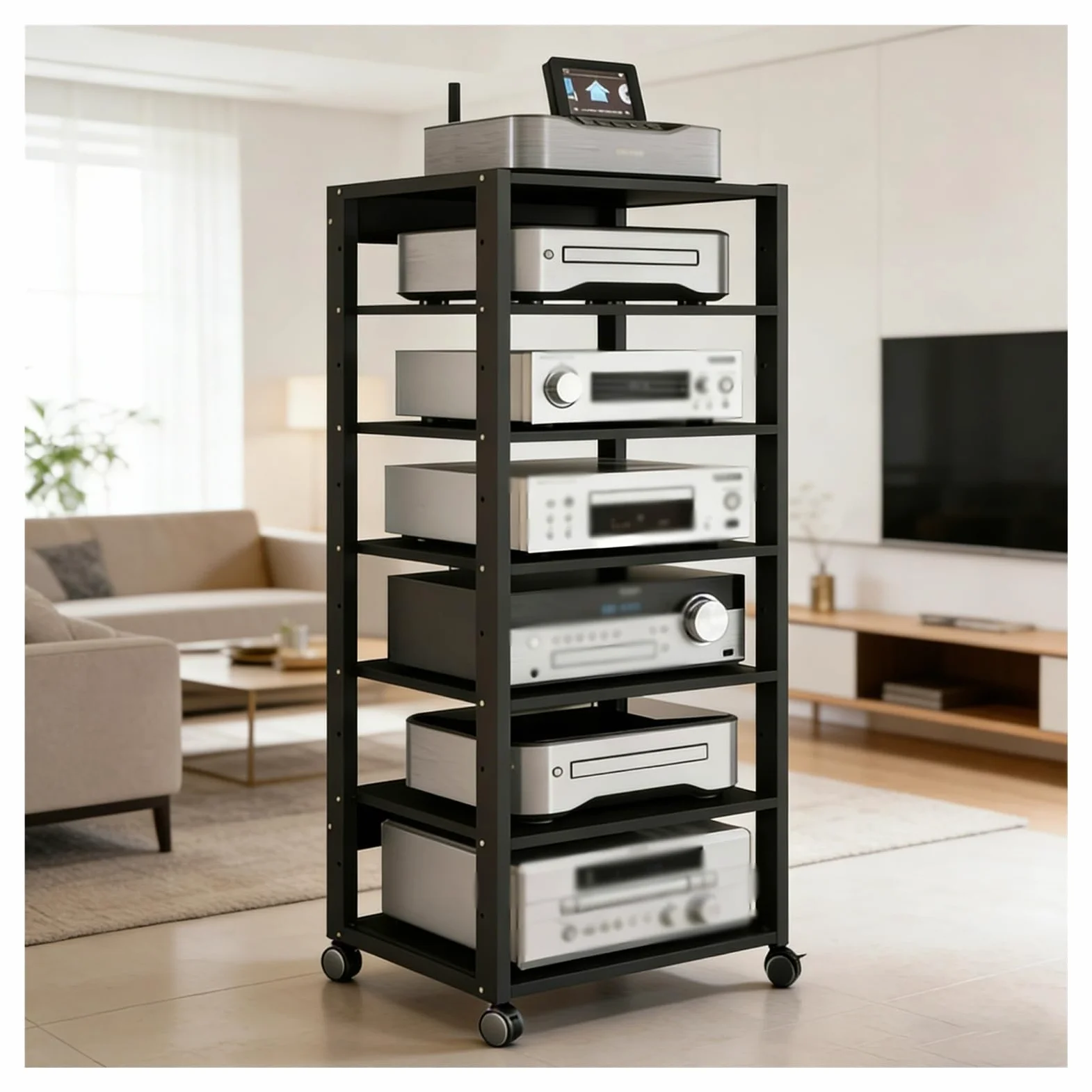 Generico Rack Audio Mobile con Ruote Universali,Mobiletto Portaoggetti Stereo Audio A 7 Ripiani,Mobile Stereo Hi Fi Rack HiFi per Soggiorno, Ufficio, Home Theater,Supporto TV Angolare(Nero)