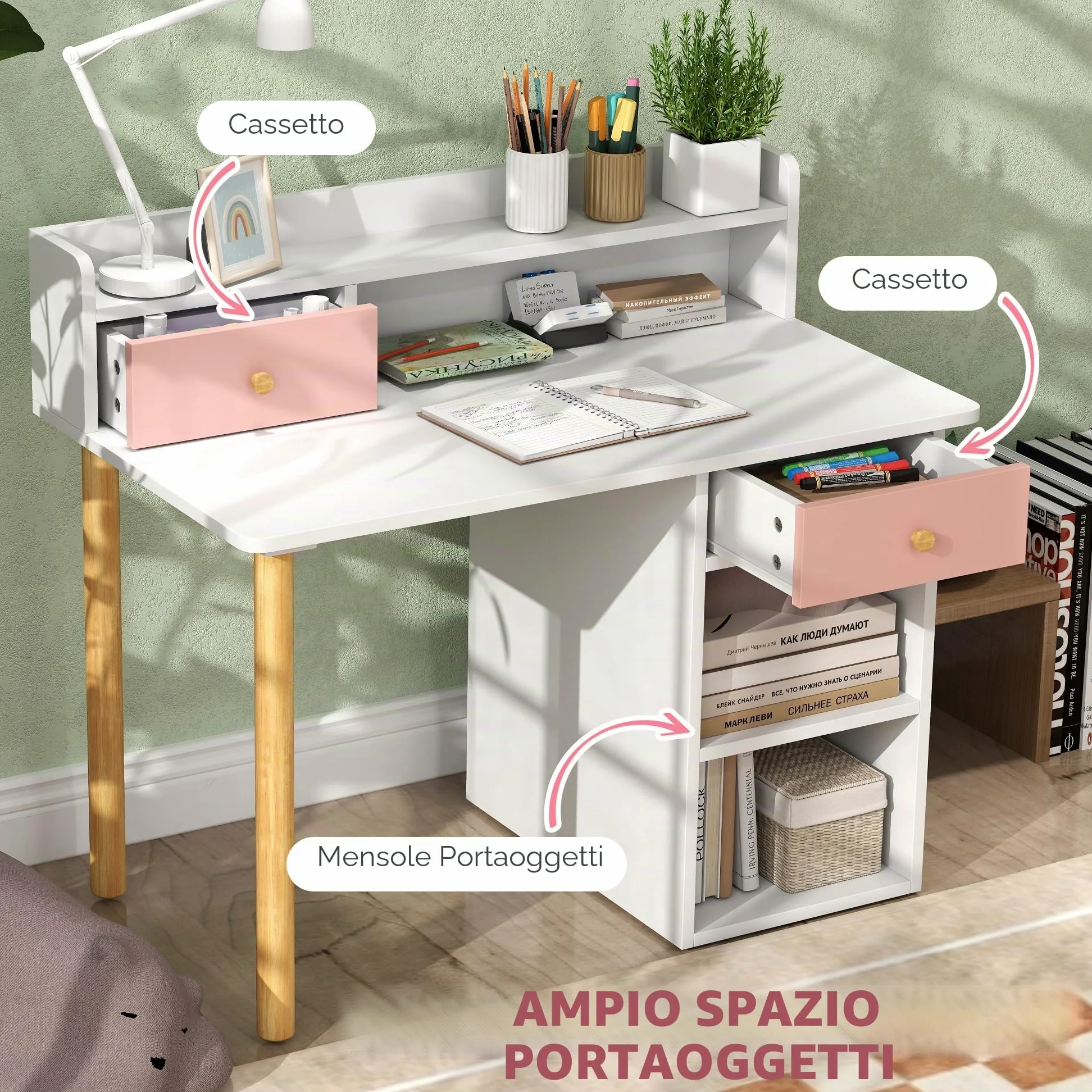 AIYAPLAY Set di scrivania e sedia per bambini +3 anni Scrivania per bambini con cassetti, scomparti e ripiani per la camera da letto e la sala studio Rosa e bianco