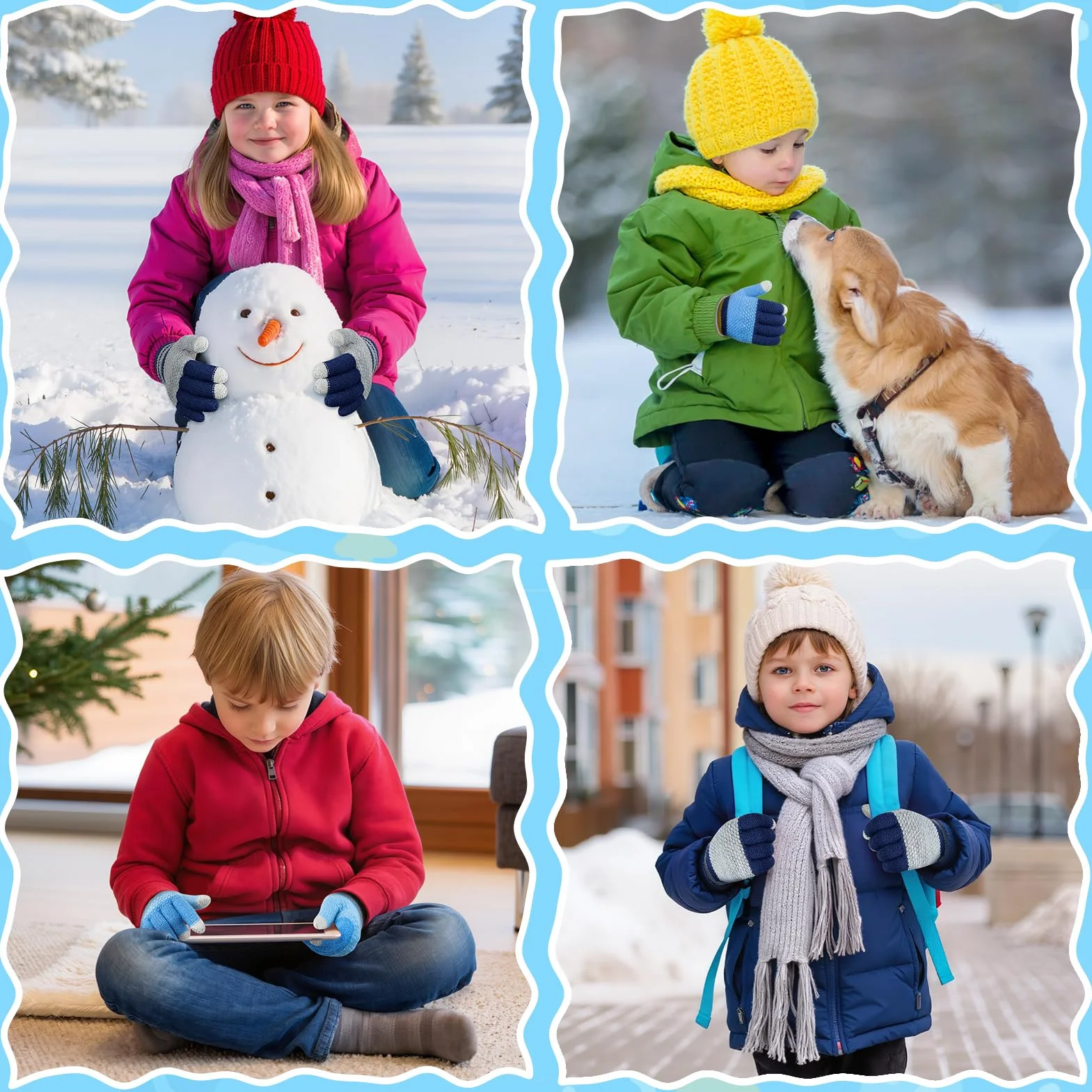 Kiiwah 3 Paia Guanti Invernali a Dita Bambini, Guanti in Maglia Magici Elasticizzati Termici Morbidi Blu, Blu navy, Grigio per Ragazzi (Età 7-9 Anni)