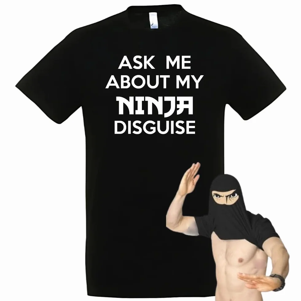 T-shirt in cotone con frase Ask me about my Ninja disguise e maschera stampata all'interno NM Nero XS