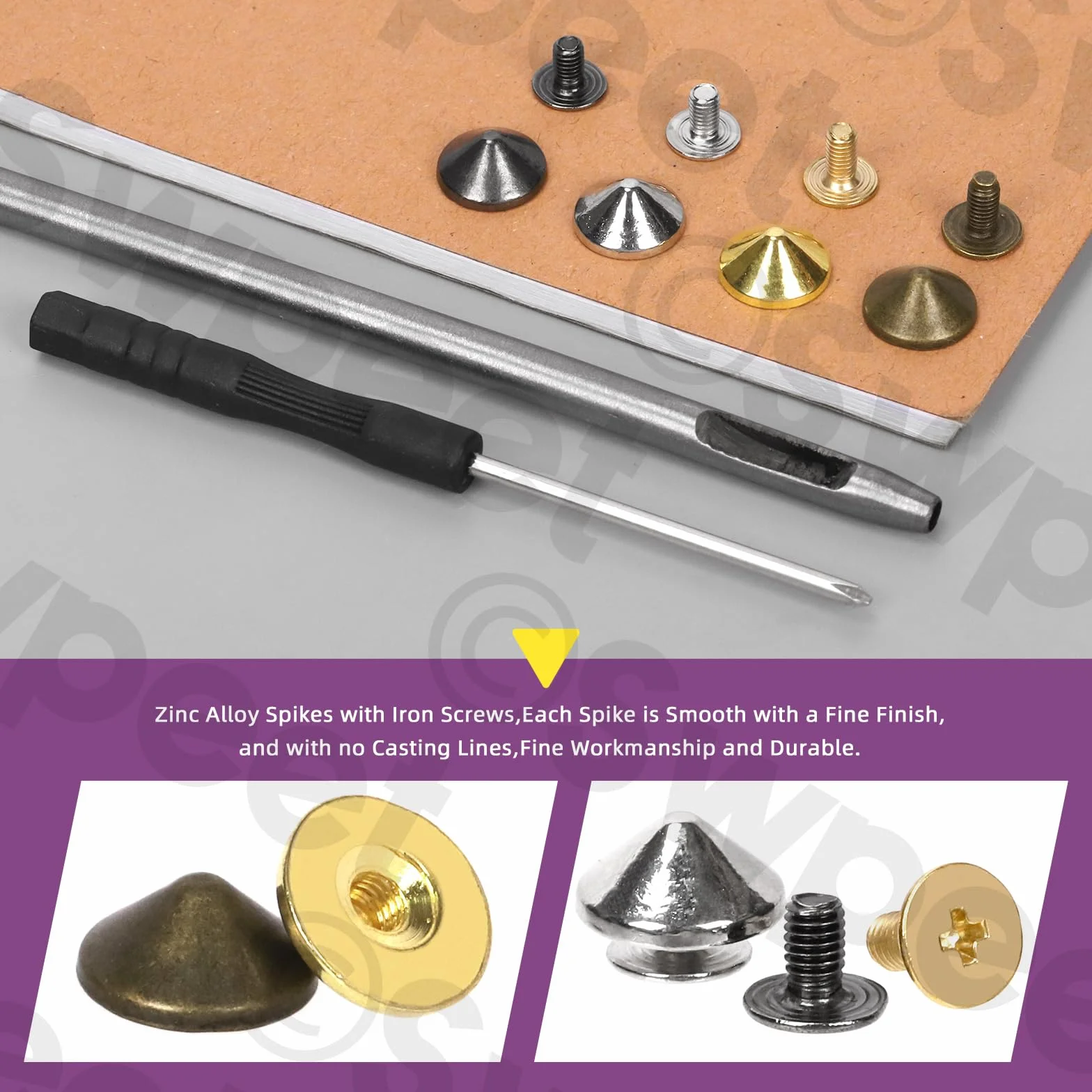 Swpeet Set di 102 punte a cono Gun Black e borchie con perforatore e cacciavite, viti per rivetti rapidi per artigianato in pelle, punte a cono Bullet Cone per abbigliamento, scarpe, artigianato in