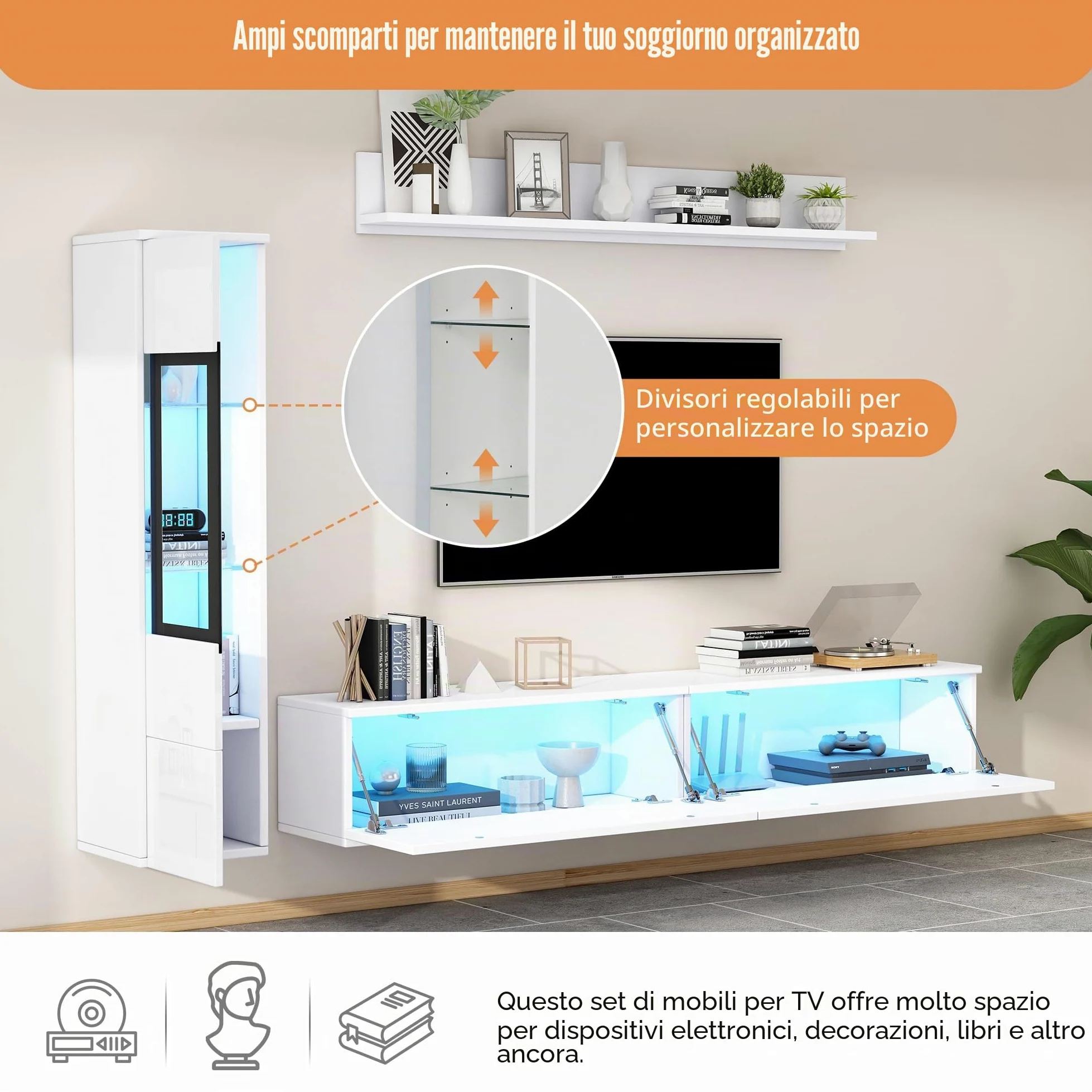 KAZZIO Set da parete per TV, 3 pezzi, illuminazione a LED, lucido, per soggiorno, 1 armadio per TV, 1 vetrina per soggiorno, 1 mensola da appendere (bianco)