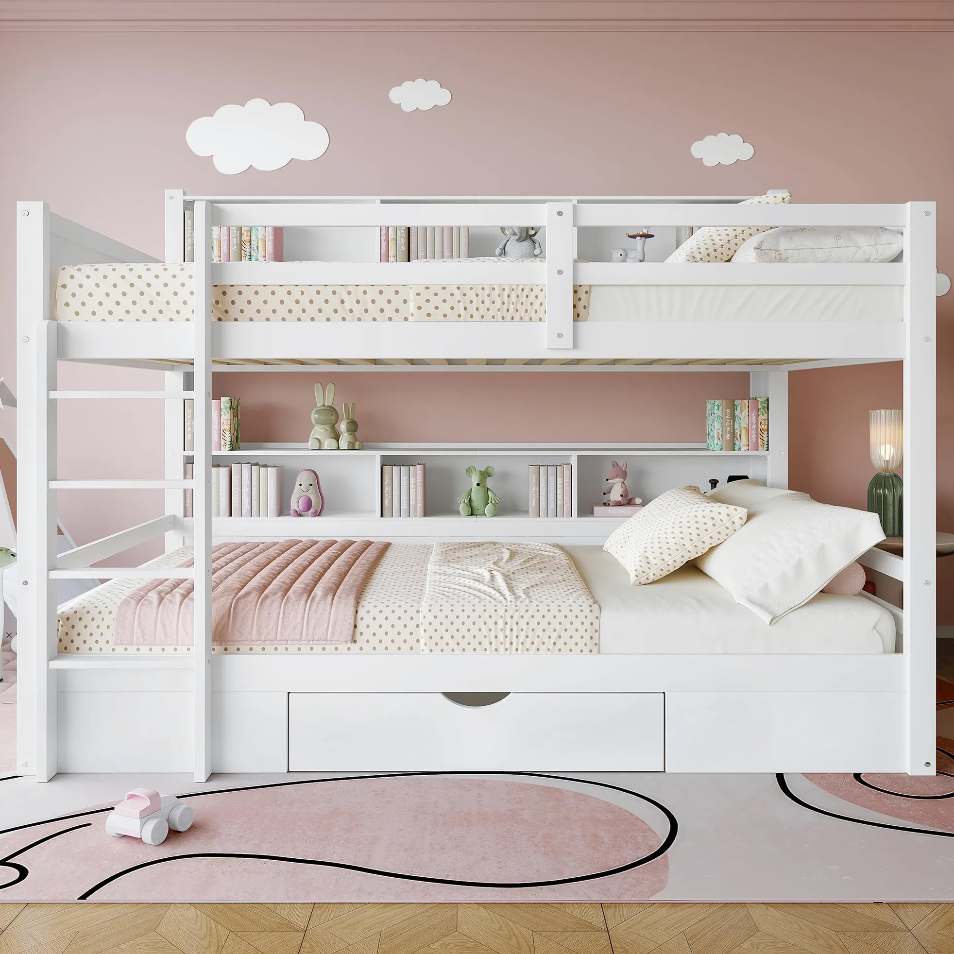 Moimhear Letto singolo, 90 x 200 cm, letti a castello, letti a castello, con cassetti, con vano portaoggetti (bianco)