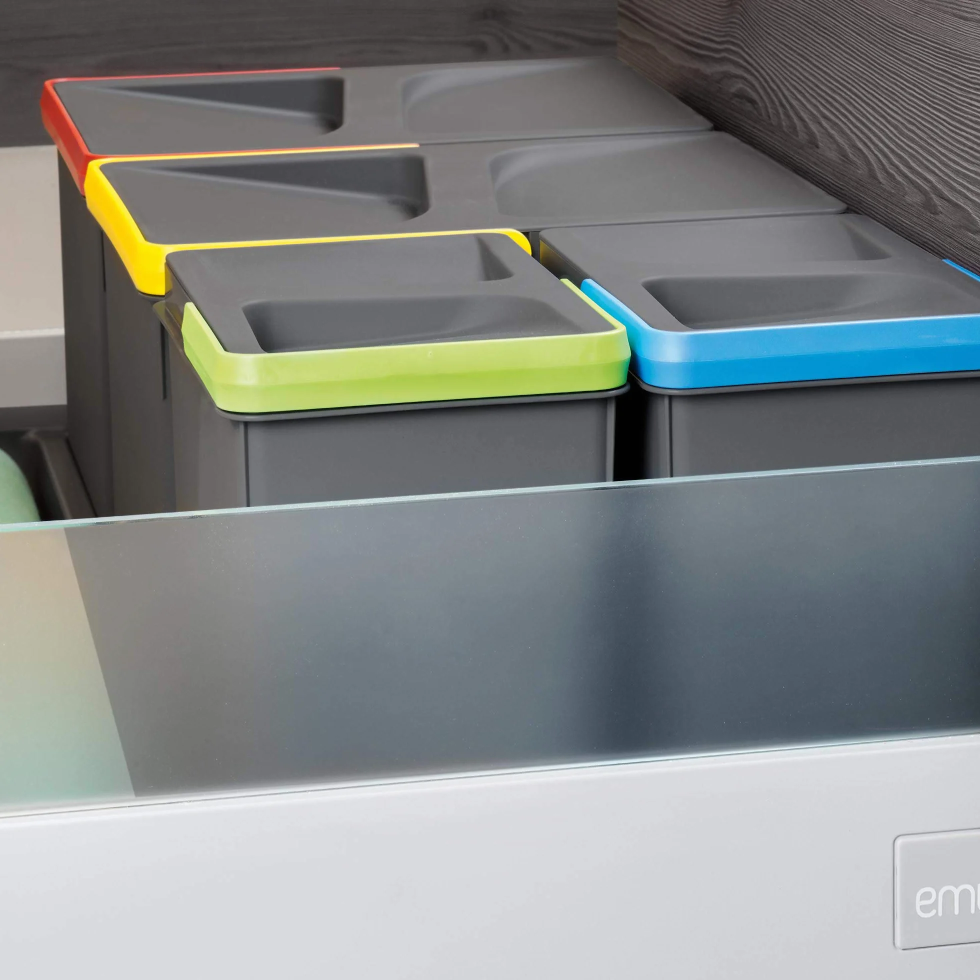 Emuca - Contenitori per cassetti da cucina Recycle, Altezza 266, 2x15L + 2x7L, Plastica grigio antracite, Tecnoplastica