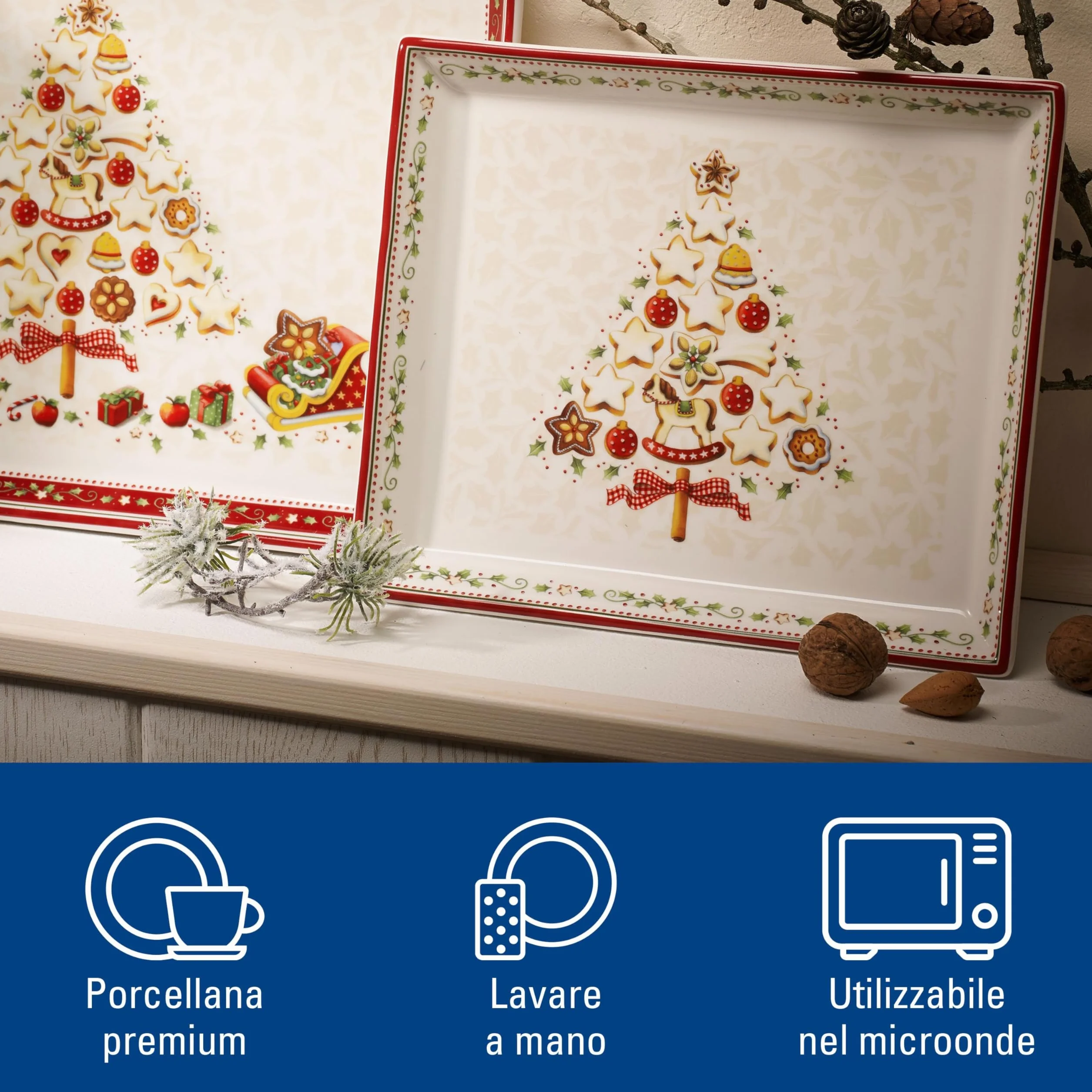 Villeroy & Boch Winter Bakery Delight Piatto Pasticceria Rettangolare Porcellana Bianco Rosso Piccolo