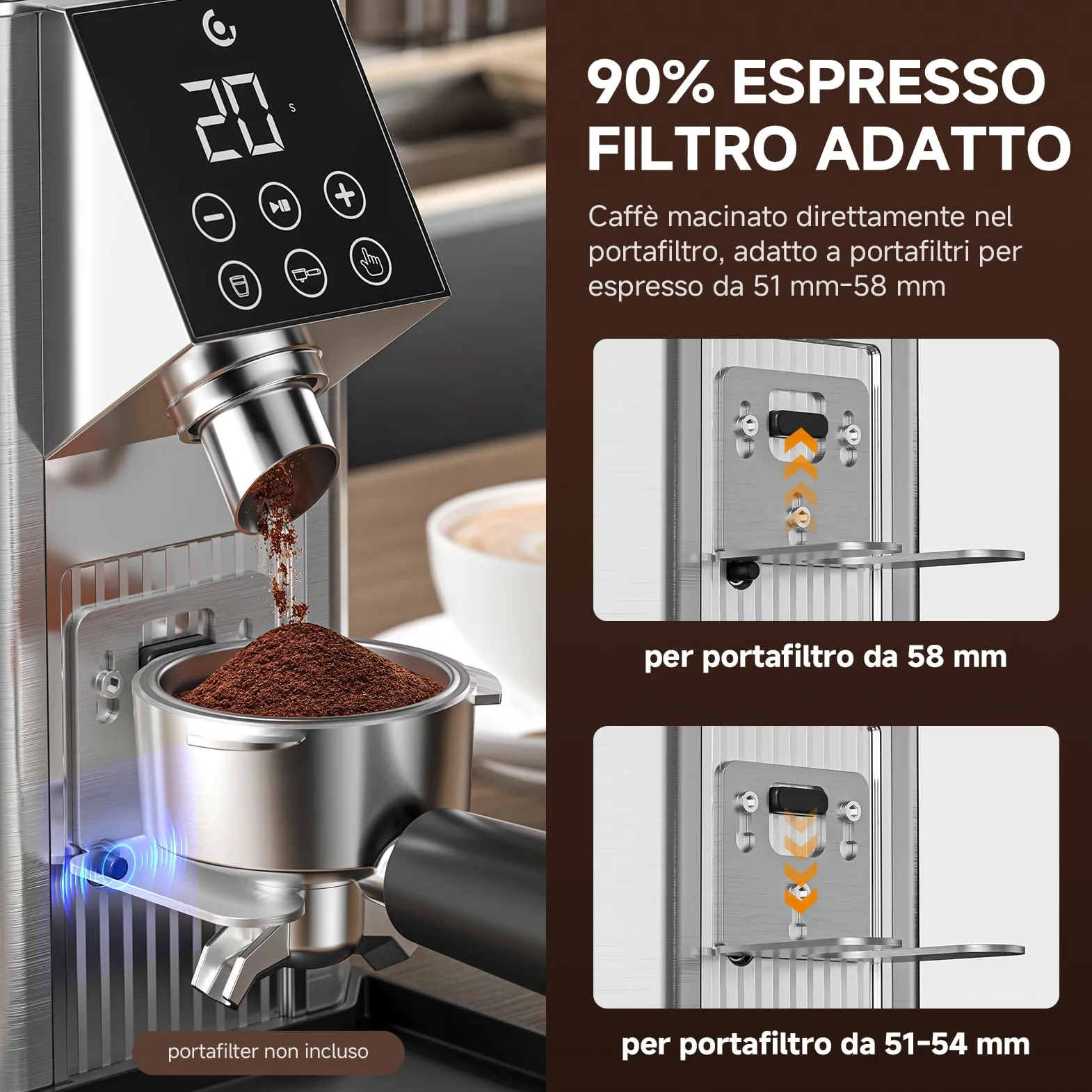 AMZCHEF Macinacaffè Elettrico con 45 Livelli di Macinatura, Macine Coniche in Acciaio Inox, Supporto Portafiltro Regolabile, Pannello di Controllo Touch LED, Corpo in Acciaio Inox