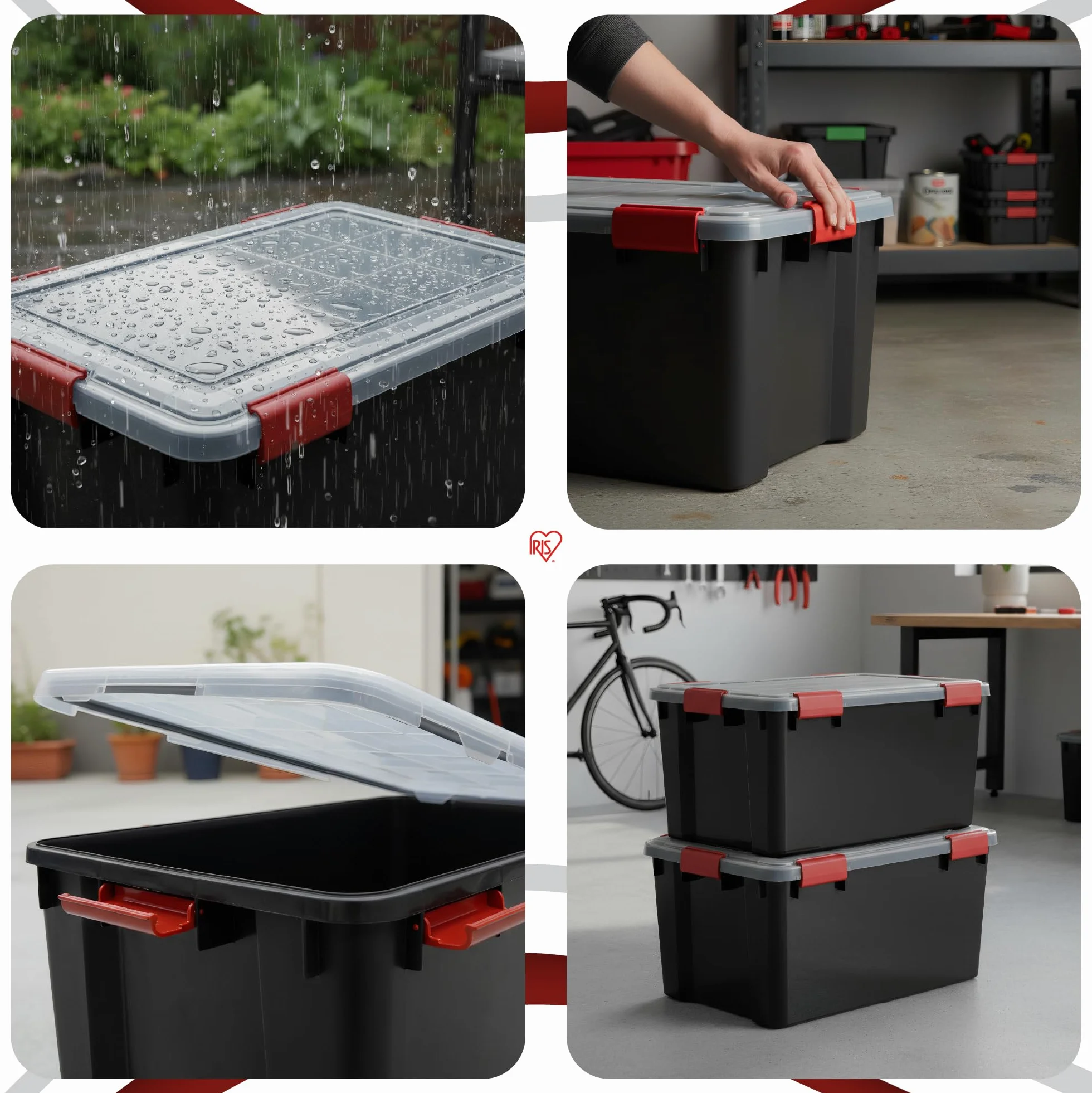Iris Ohyama Scatole Portaoggetti Ermetiche 50L Set di 2 Nero Coperchio Impermeabile Impilabile AT-L